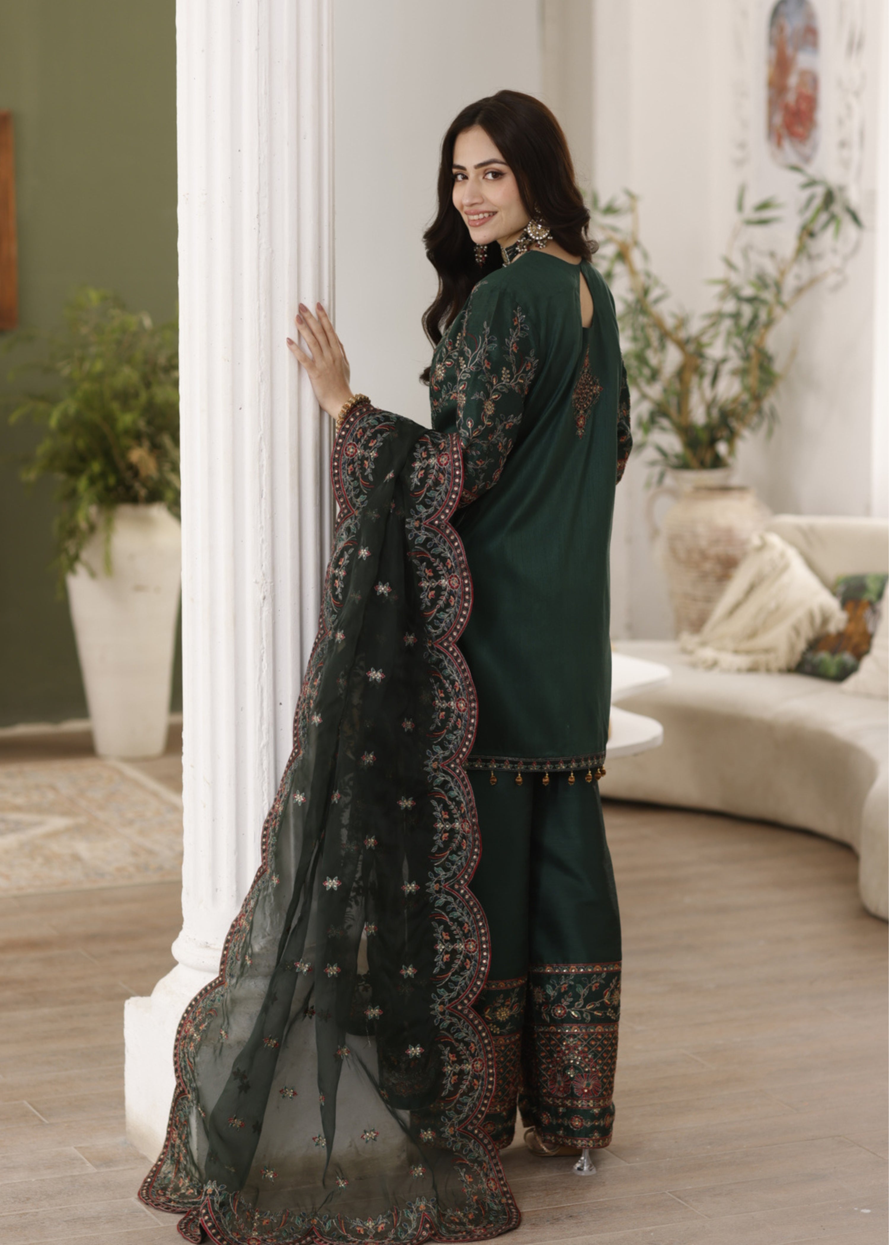 raw silk Kurta Set in Dark green
