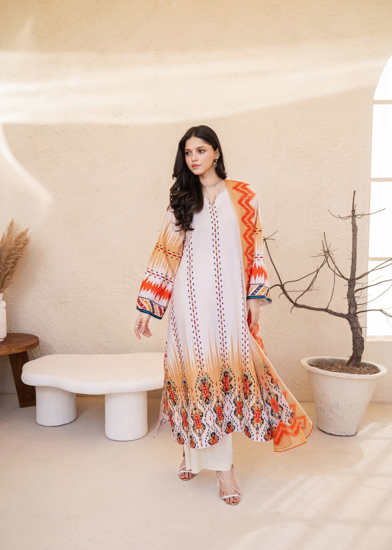 silk grip Kurta Set in Sapphire blue, coral orange, cotton