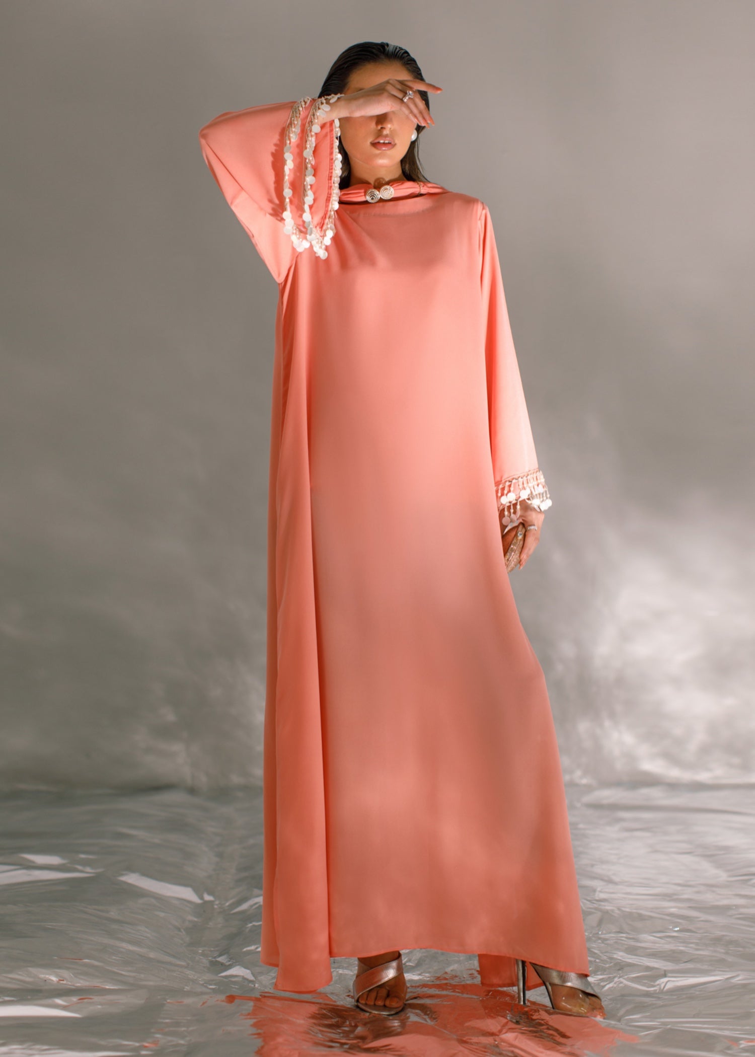crepe georgette Kaftan in Peach pink
