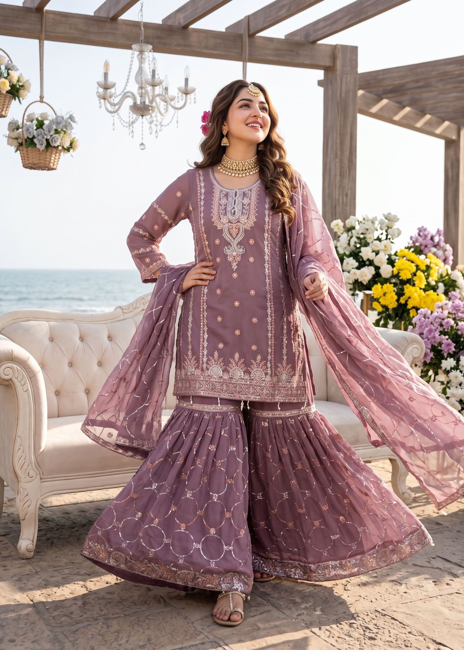 chiffon Gharara in Heathered lilac