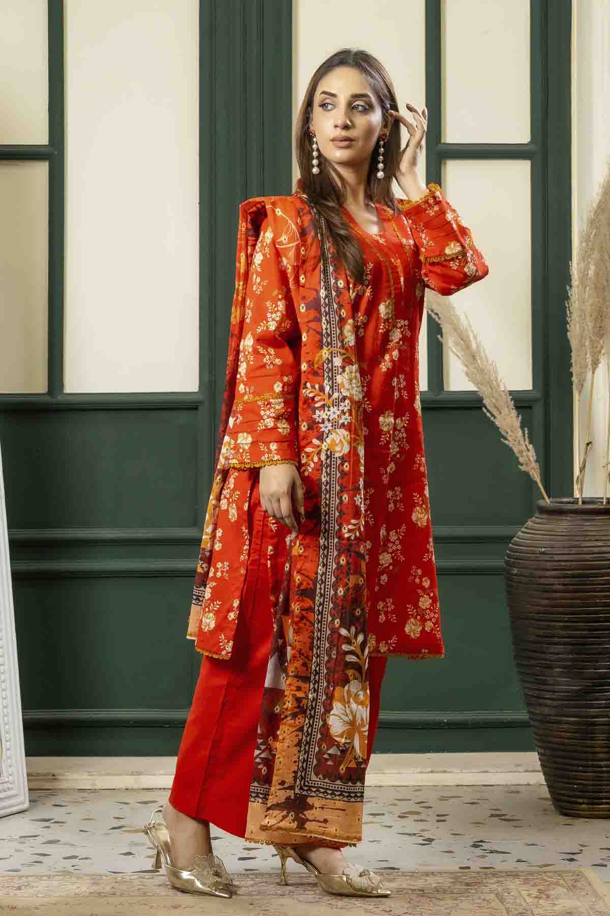lawn voile Kurta Set in Coral orange