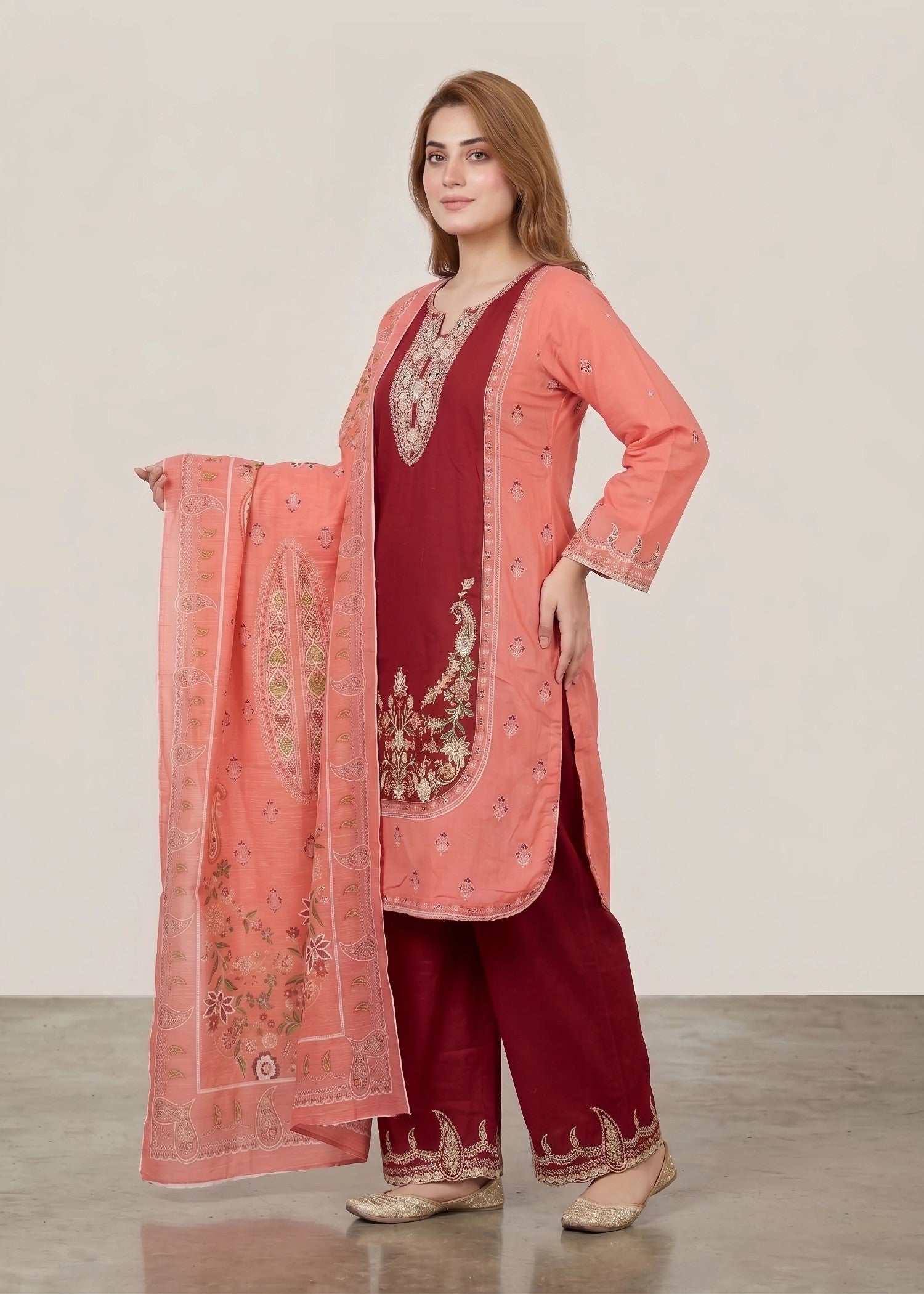 cotton linen Kurta Set in Maroon, taffy pink