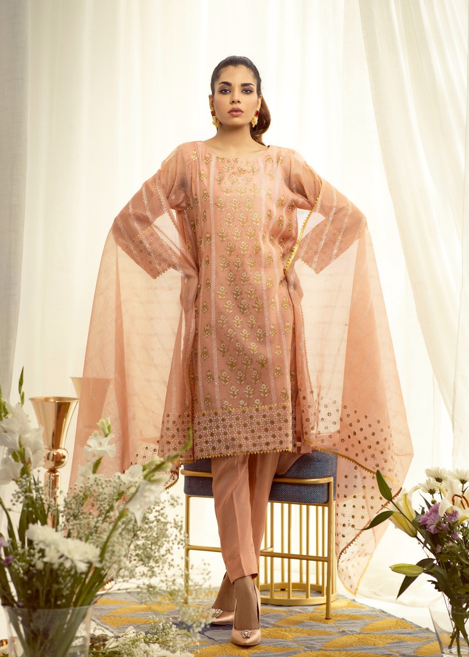 organza Kurta Set in Apricot orange