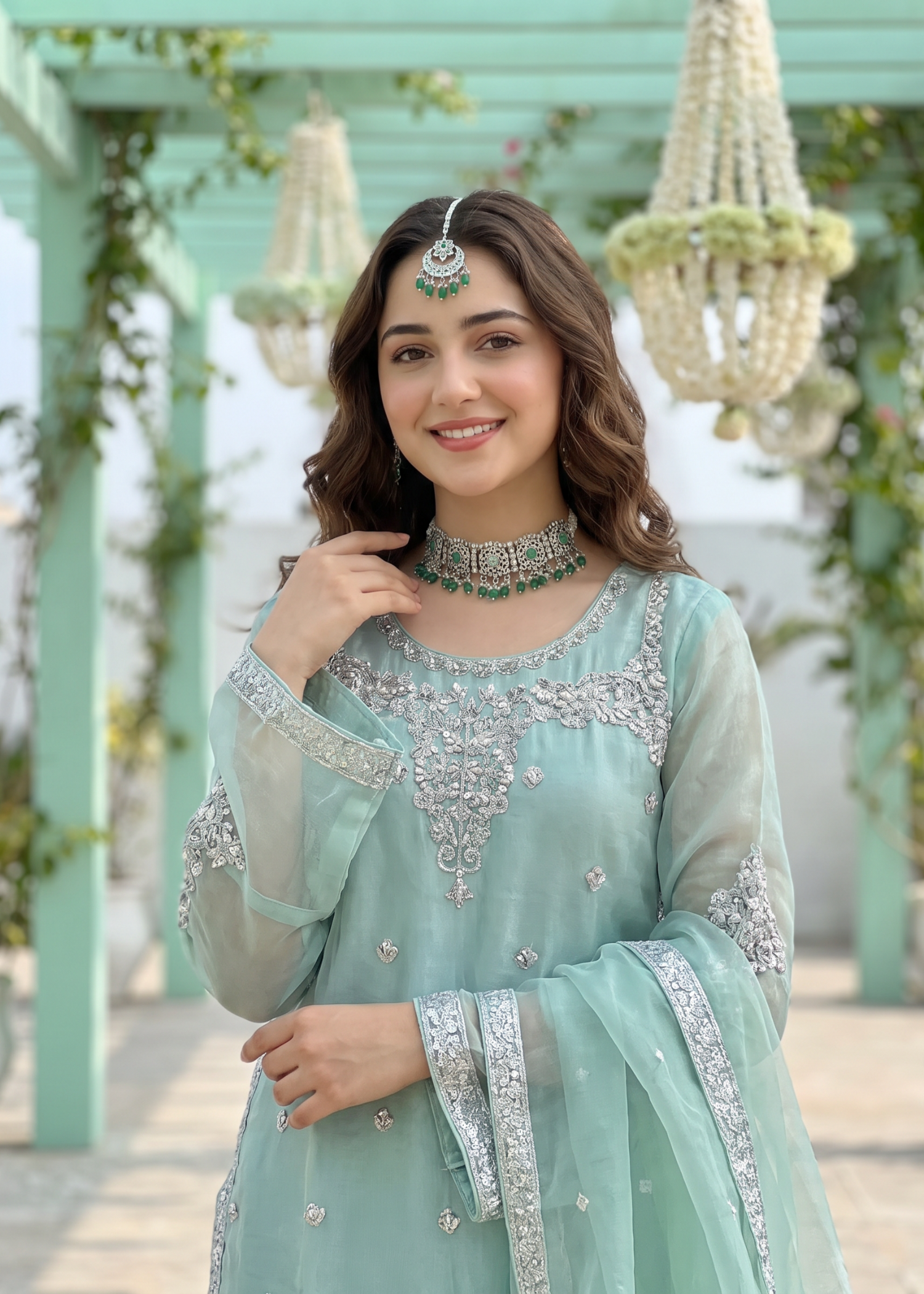 organza Kurta Set in Aquamarine