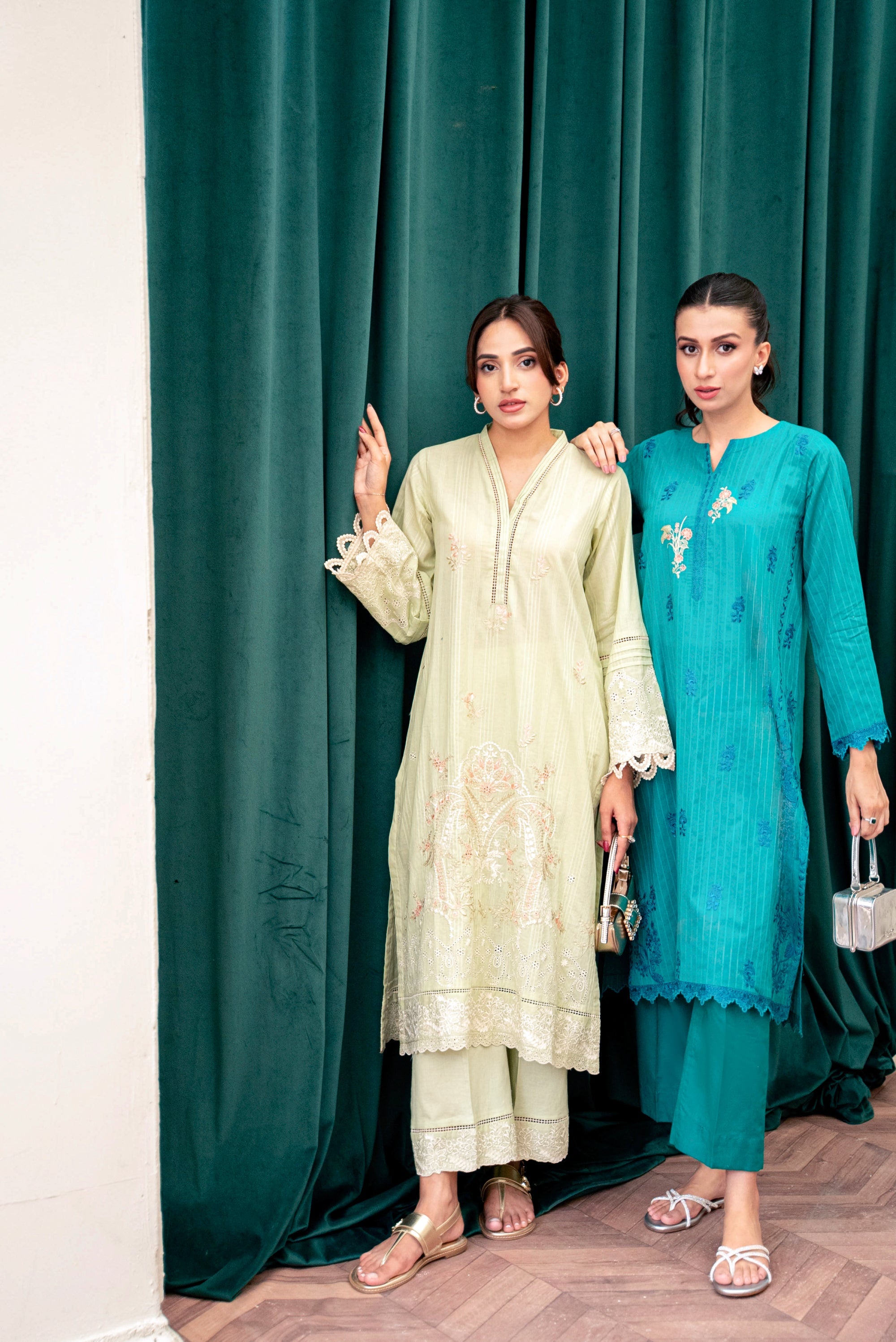 cambric Kurta Set in Teal
