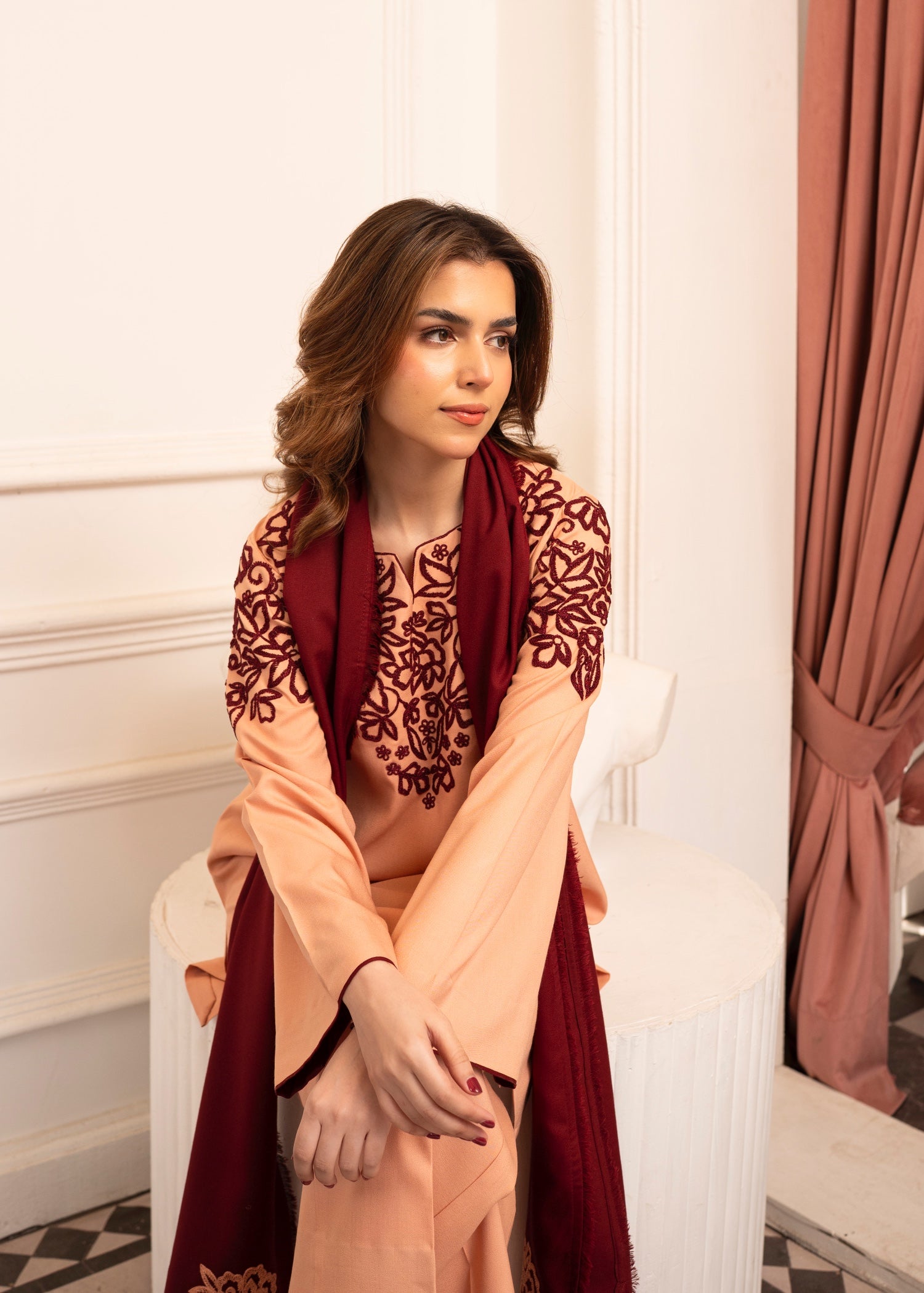 dhanak Kurta Set in Peach pink