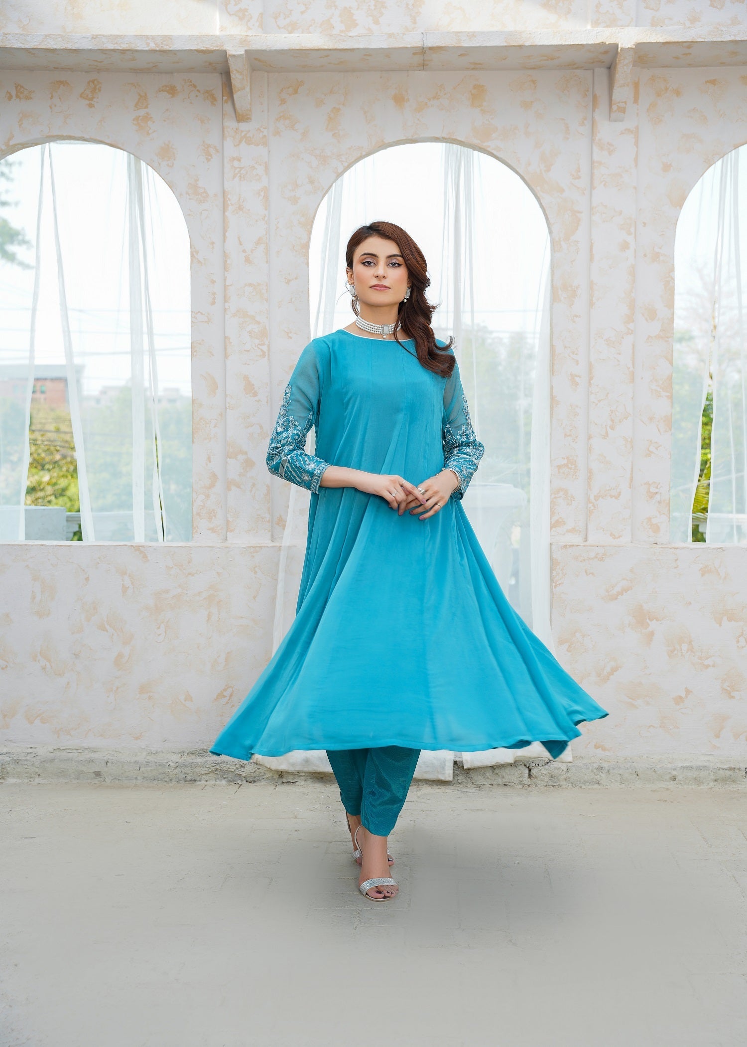 bemberg crinkle chiffon Pishwas in Sky blue
