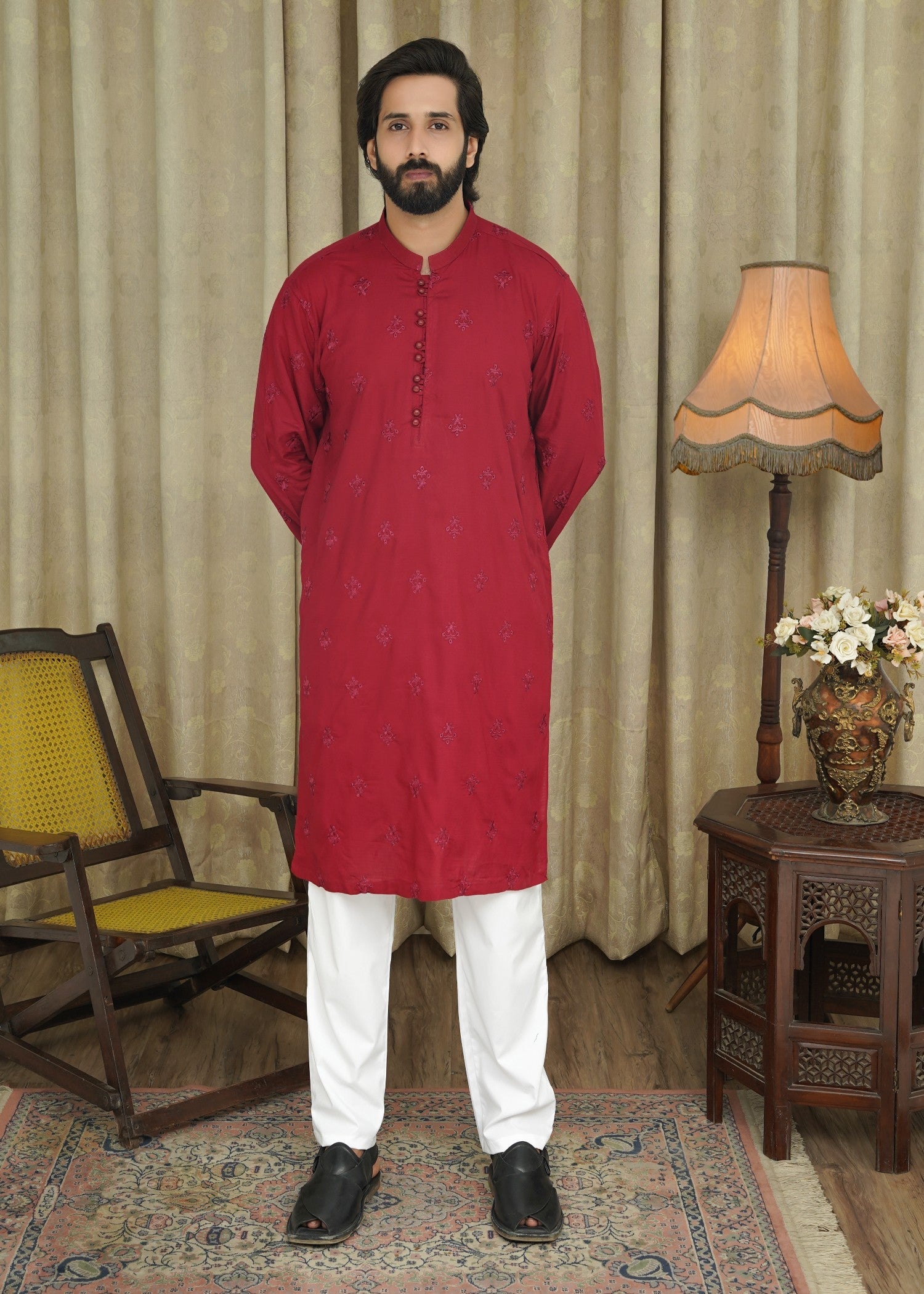 cotton linen Kurta in Red by Maqsood Garments