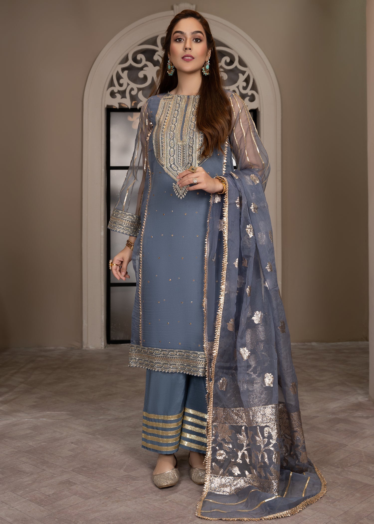 organza Kurta Set in Steel blue