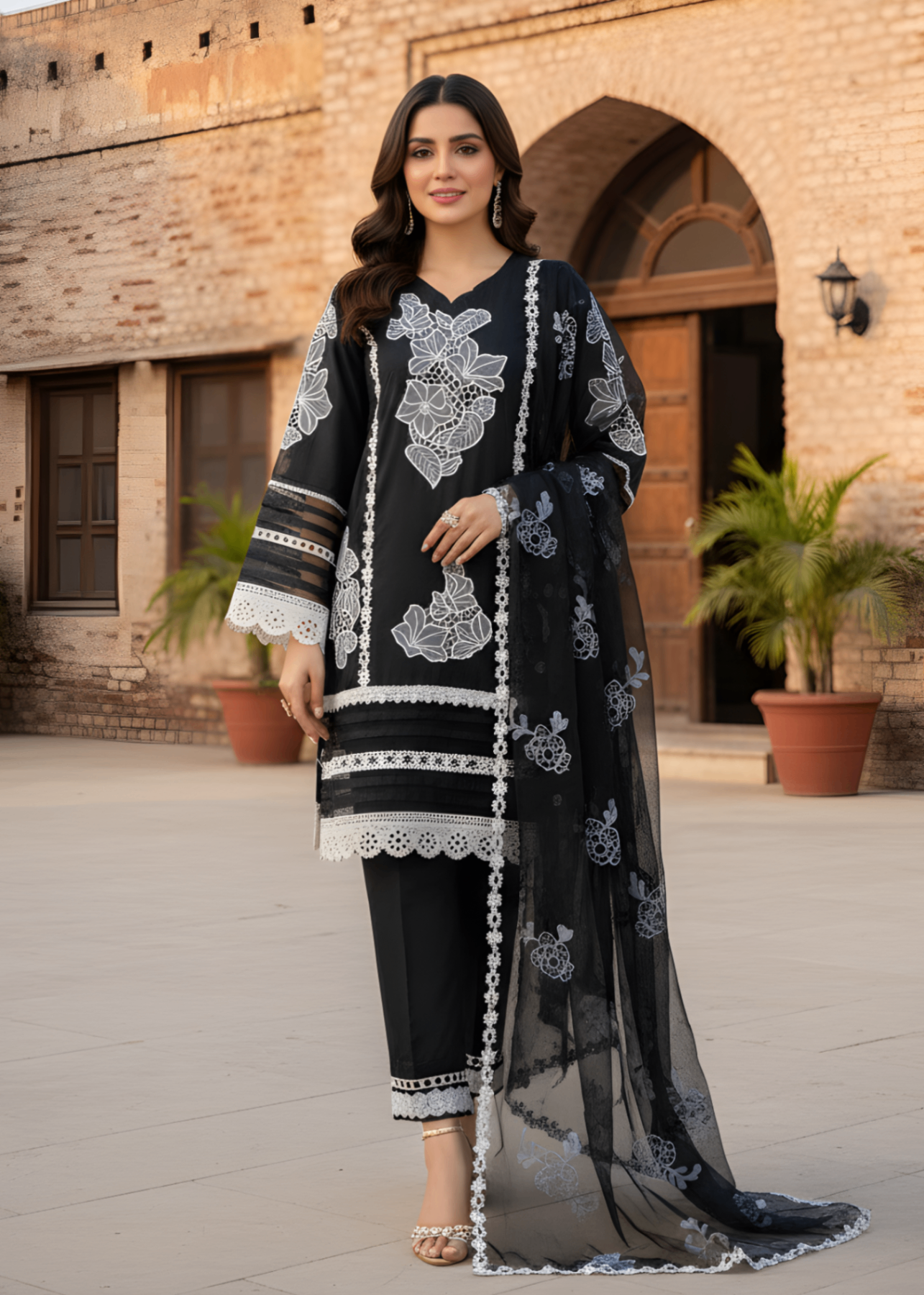 khaddi net Kurta Set in Black