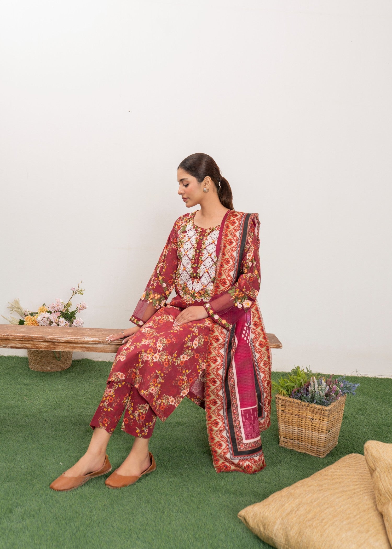 cambric Kurta Set in Maroon