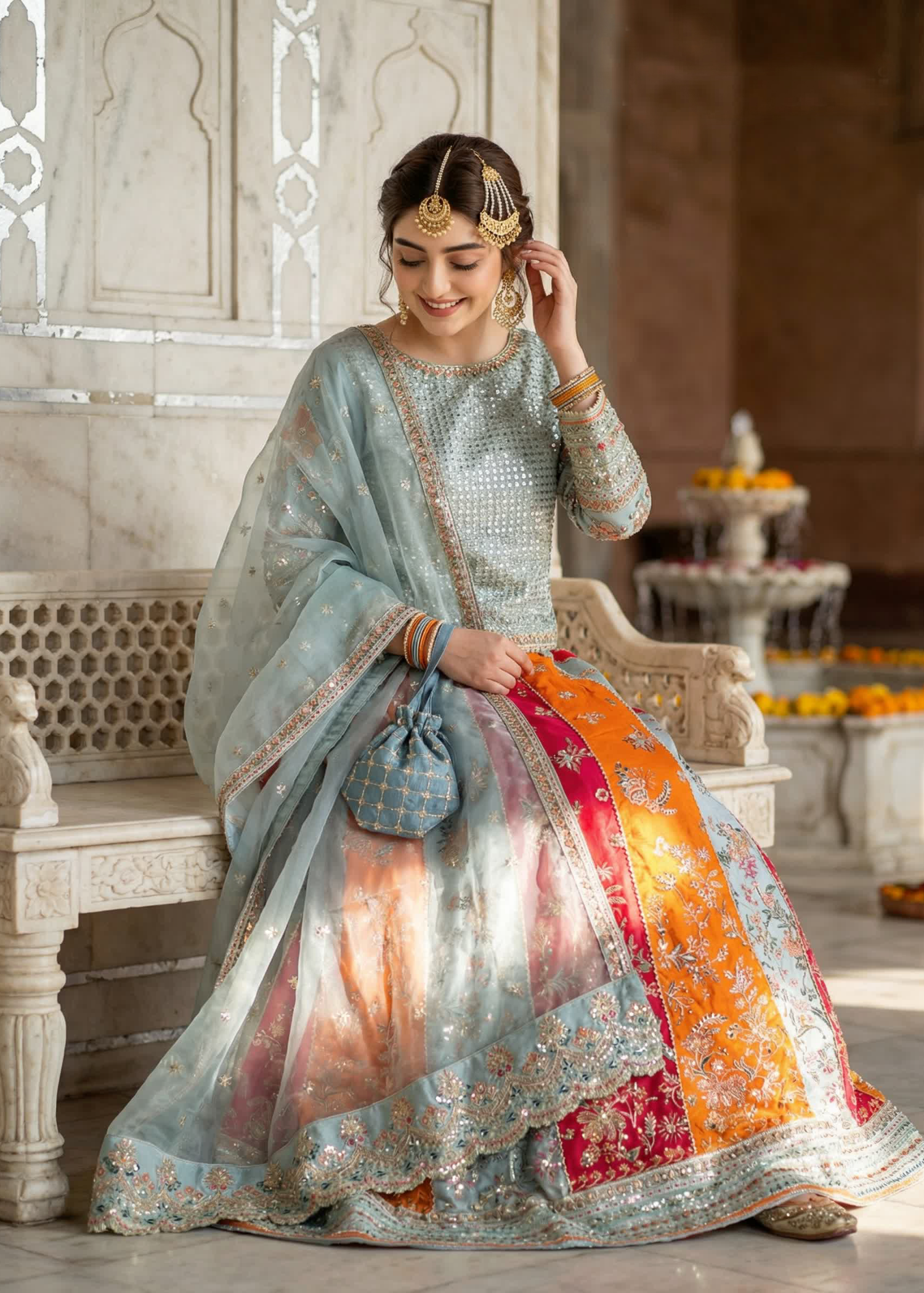 raw silk Lehenga in Ice blue, multi