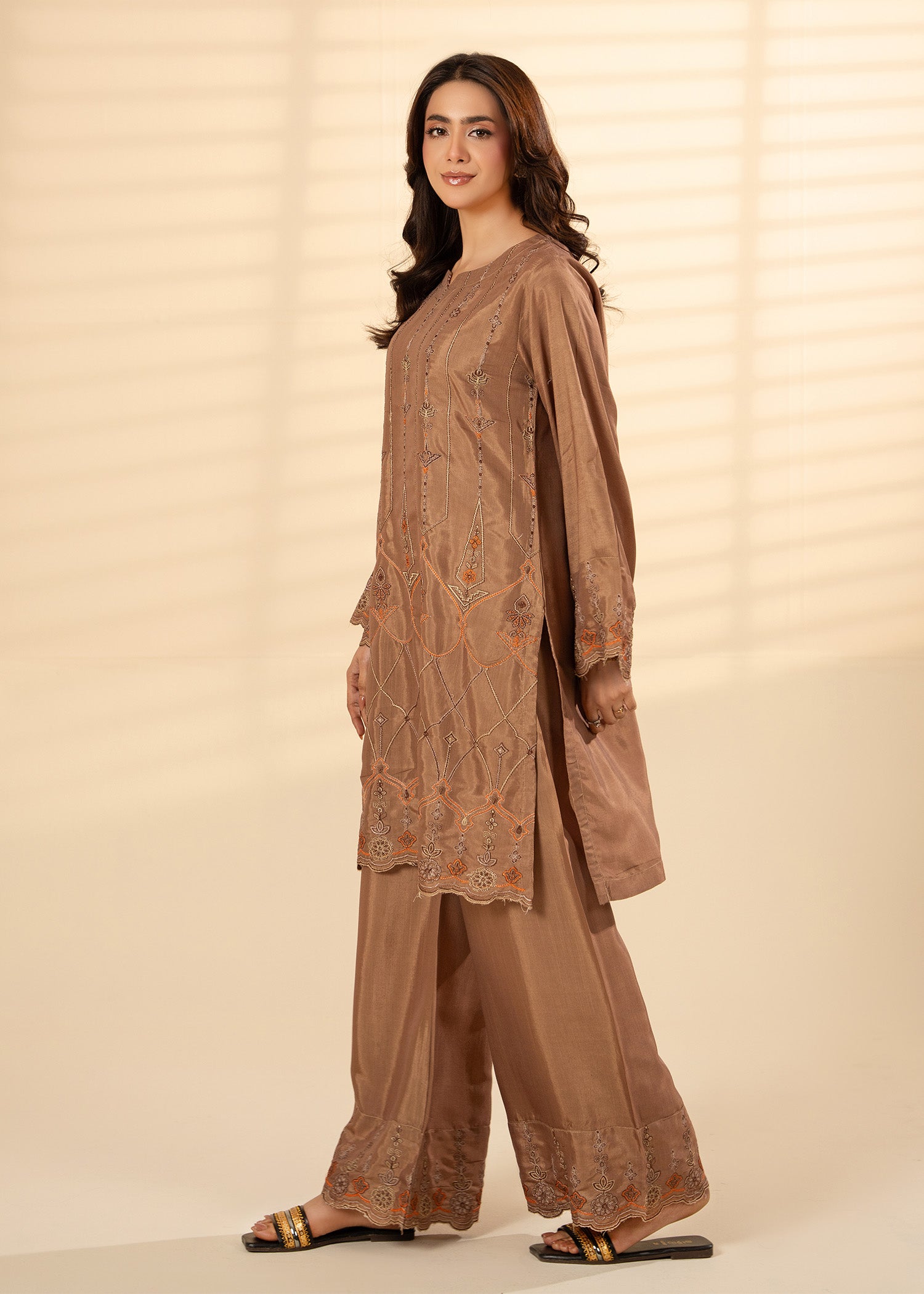 viscose raw silk Kurta Set in Brown