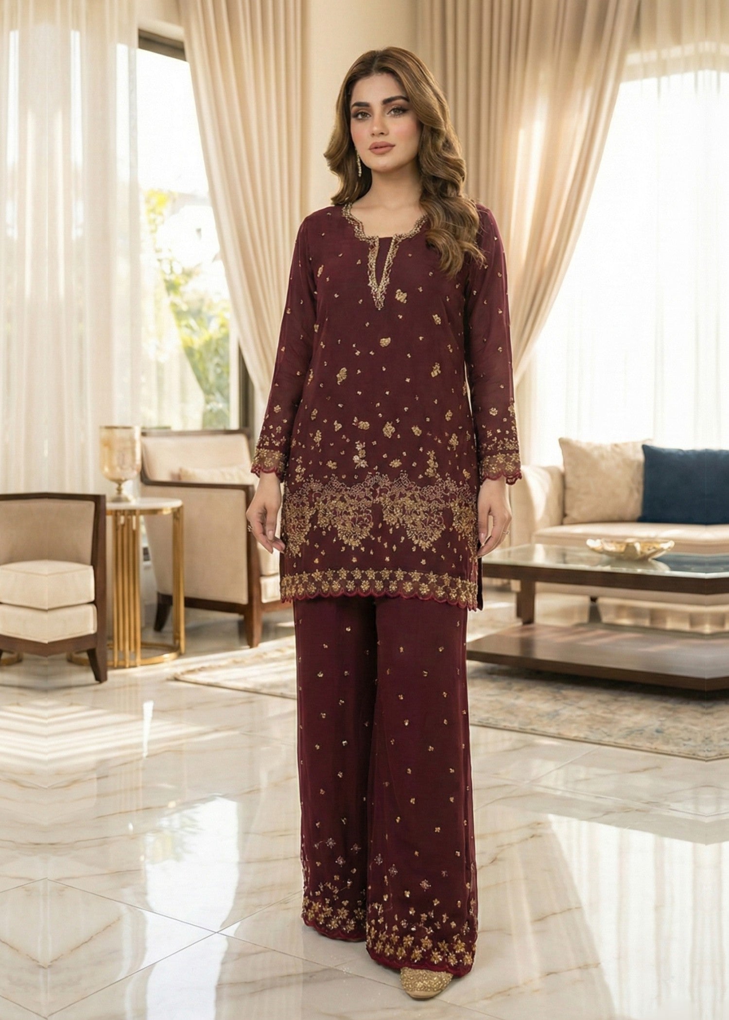 raw silk Kurta Set in Burgundy