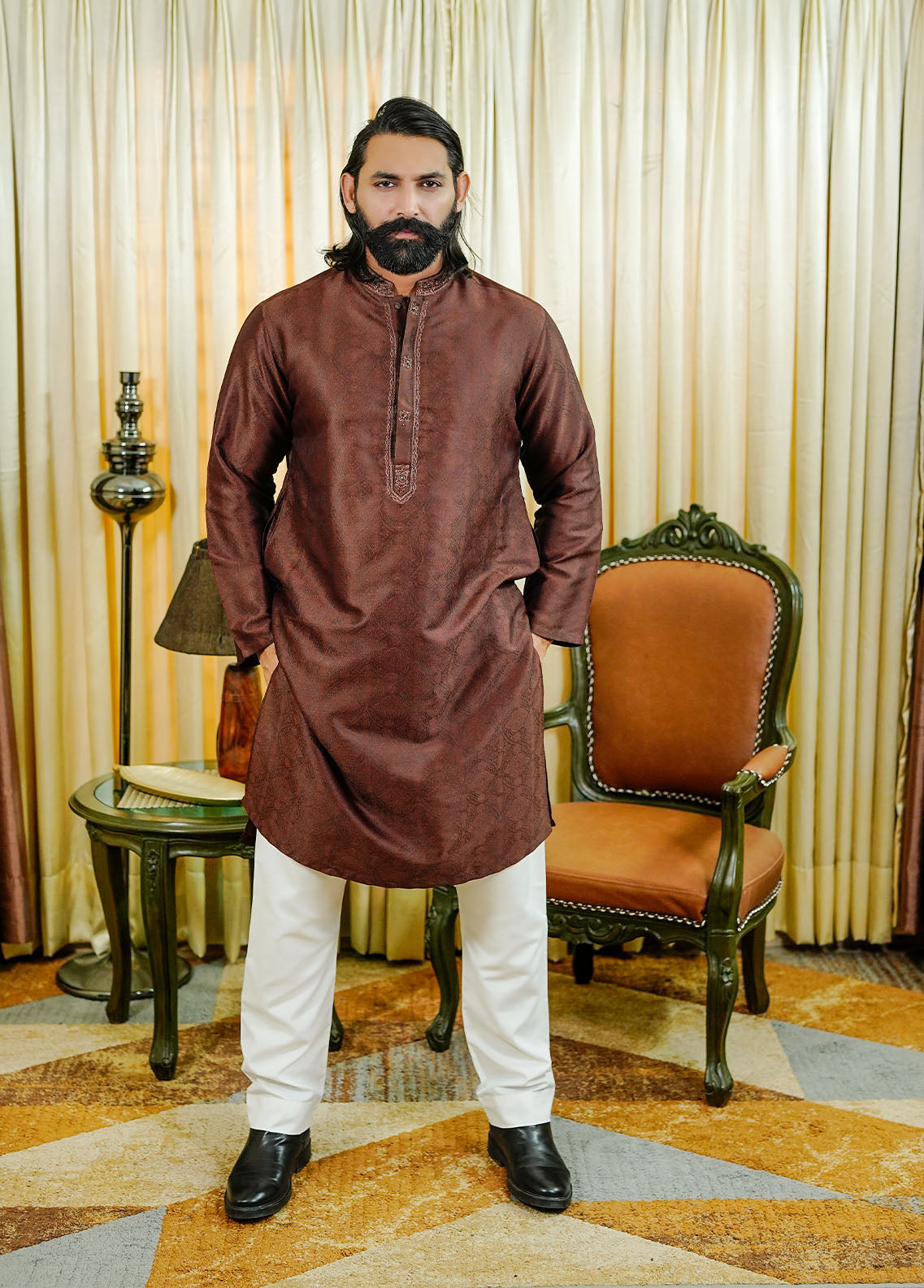traditional jamawar Kurta in Brown