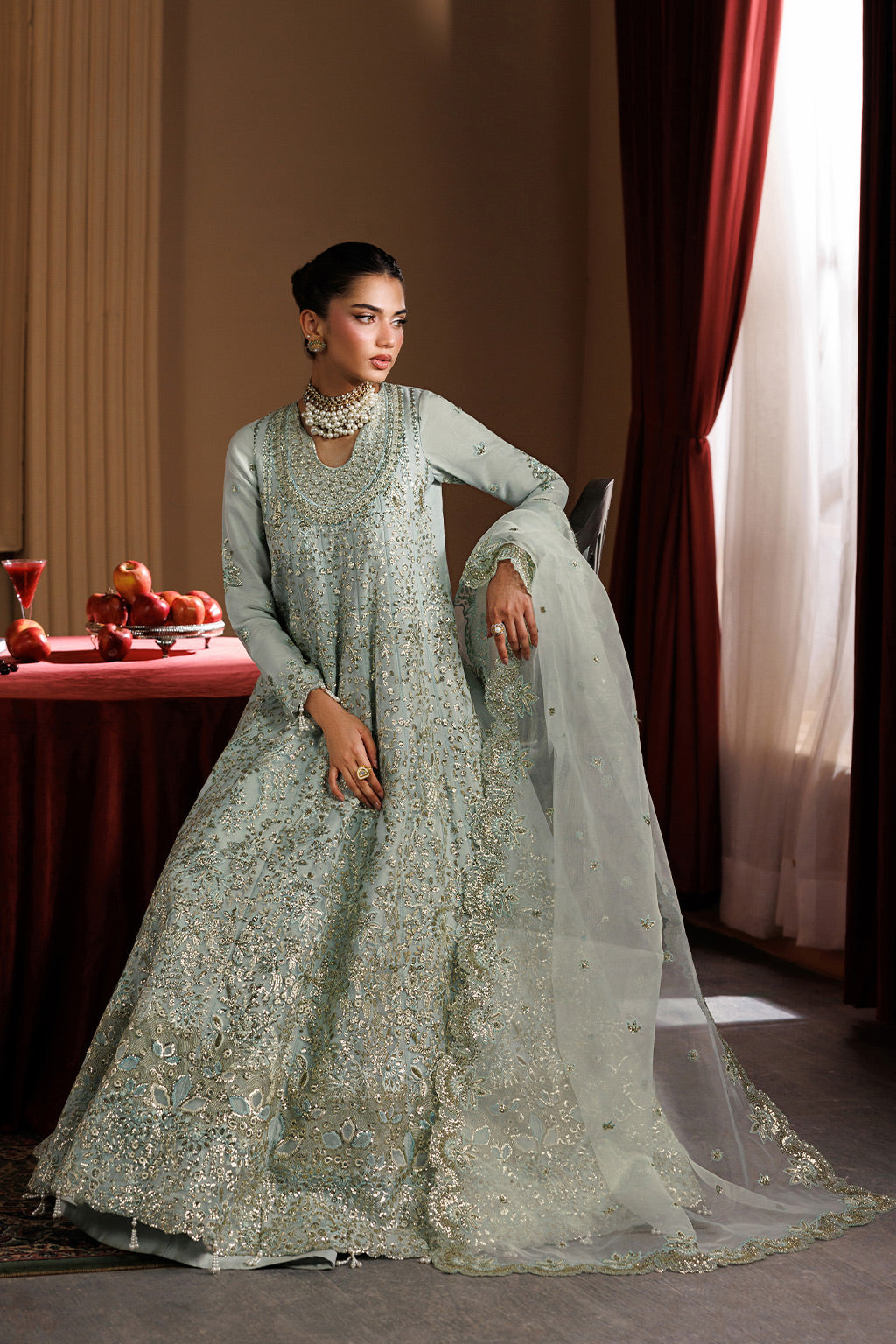 chiffon Pishwas in Sage green