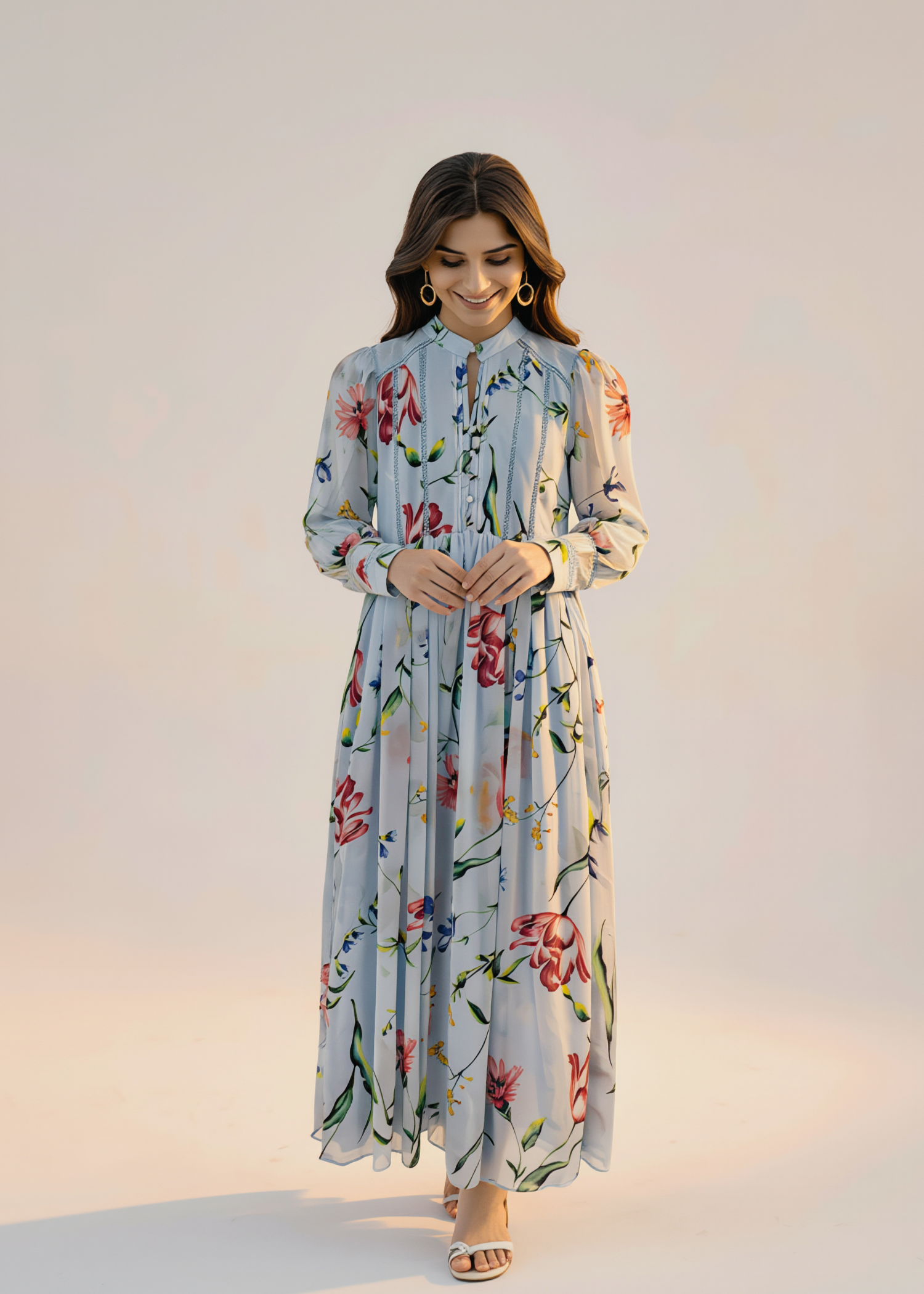 crinkle chiffon Maxi in Powder blue, white