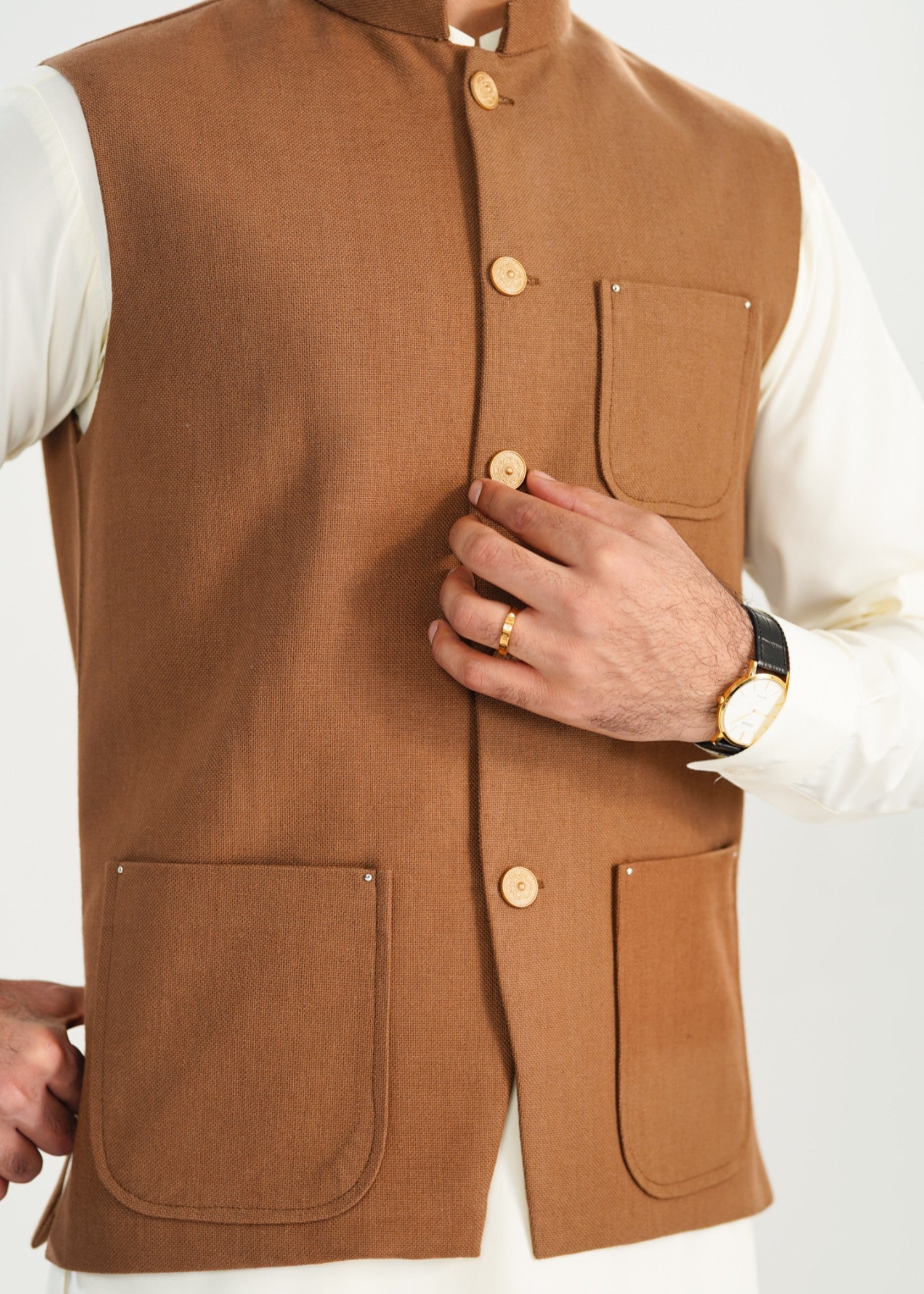 handwoven khaddar Waistcoat in Off-white, camel brown