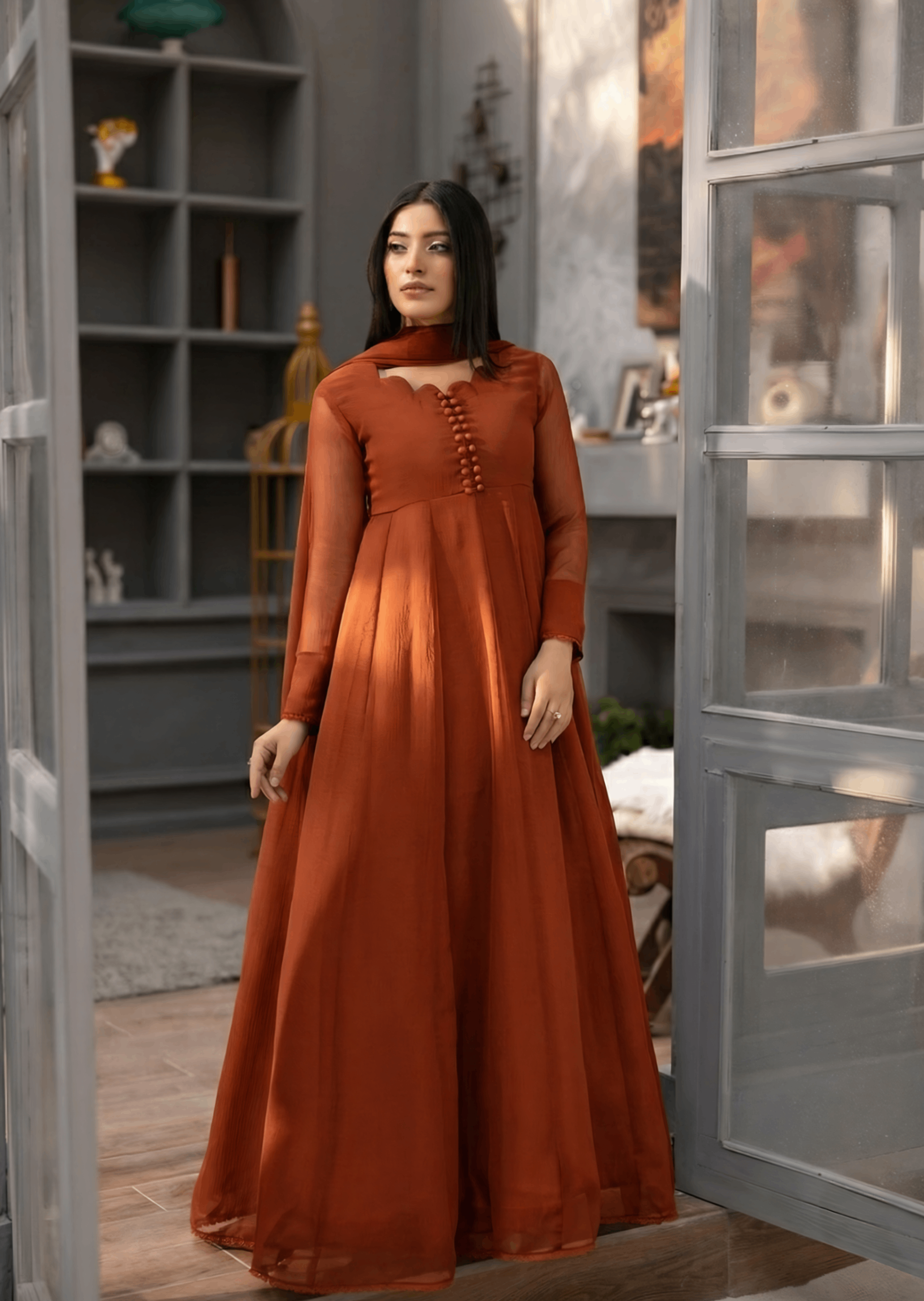 chiffon Maxi in Rust orange