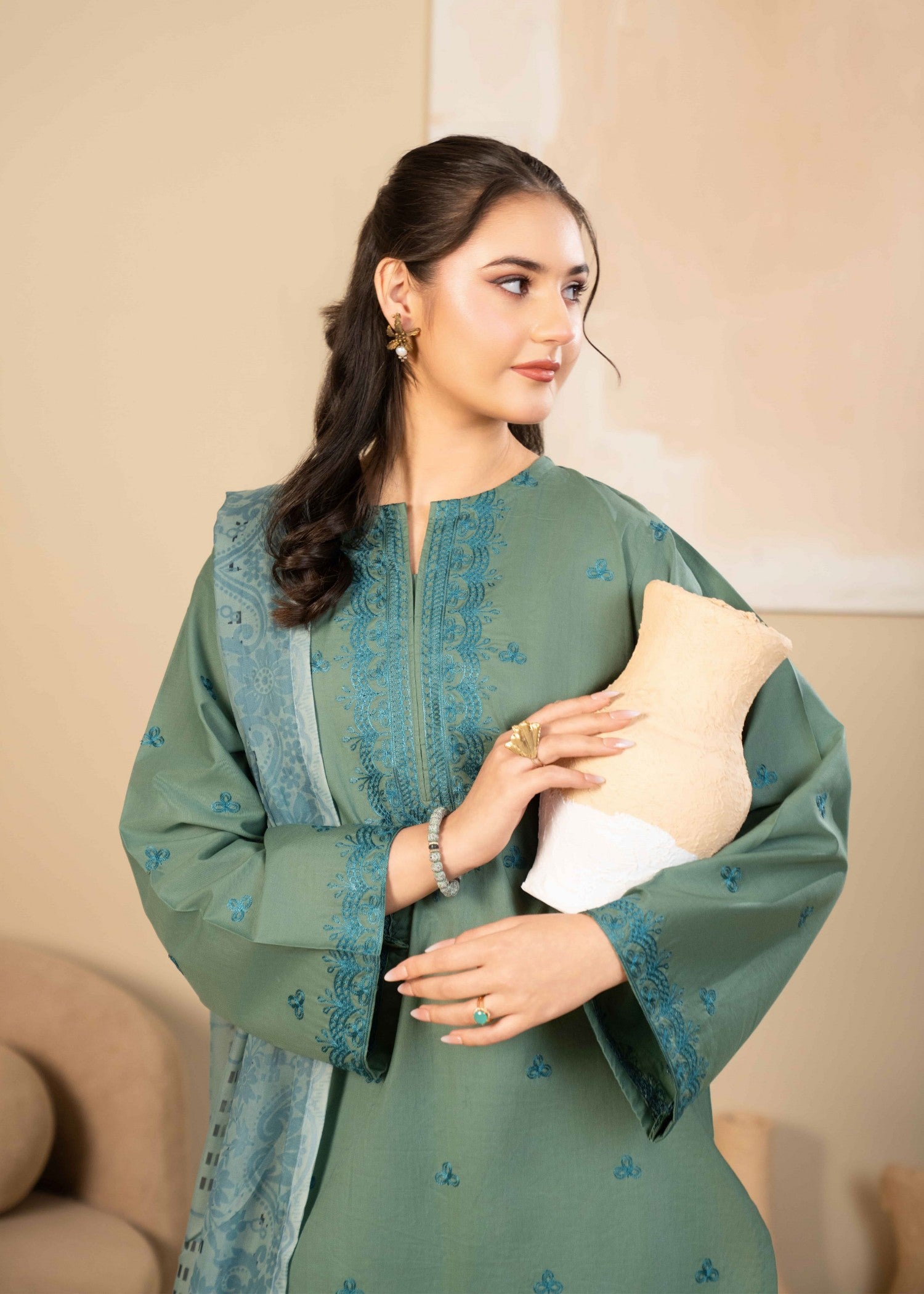 lawn cotton Kurta Set in Sage green