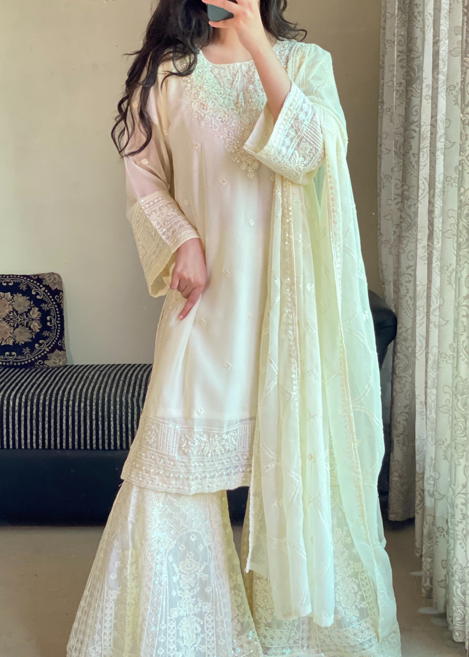 chiffon Gharara in Cream