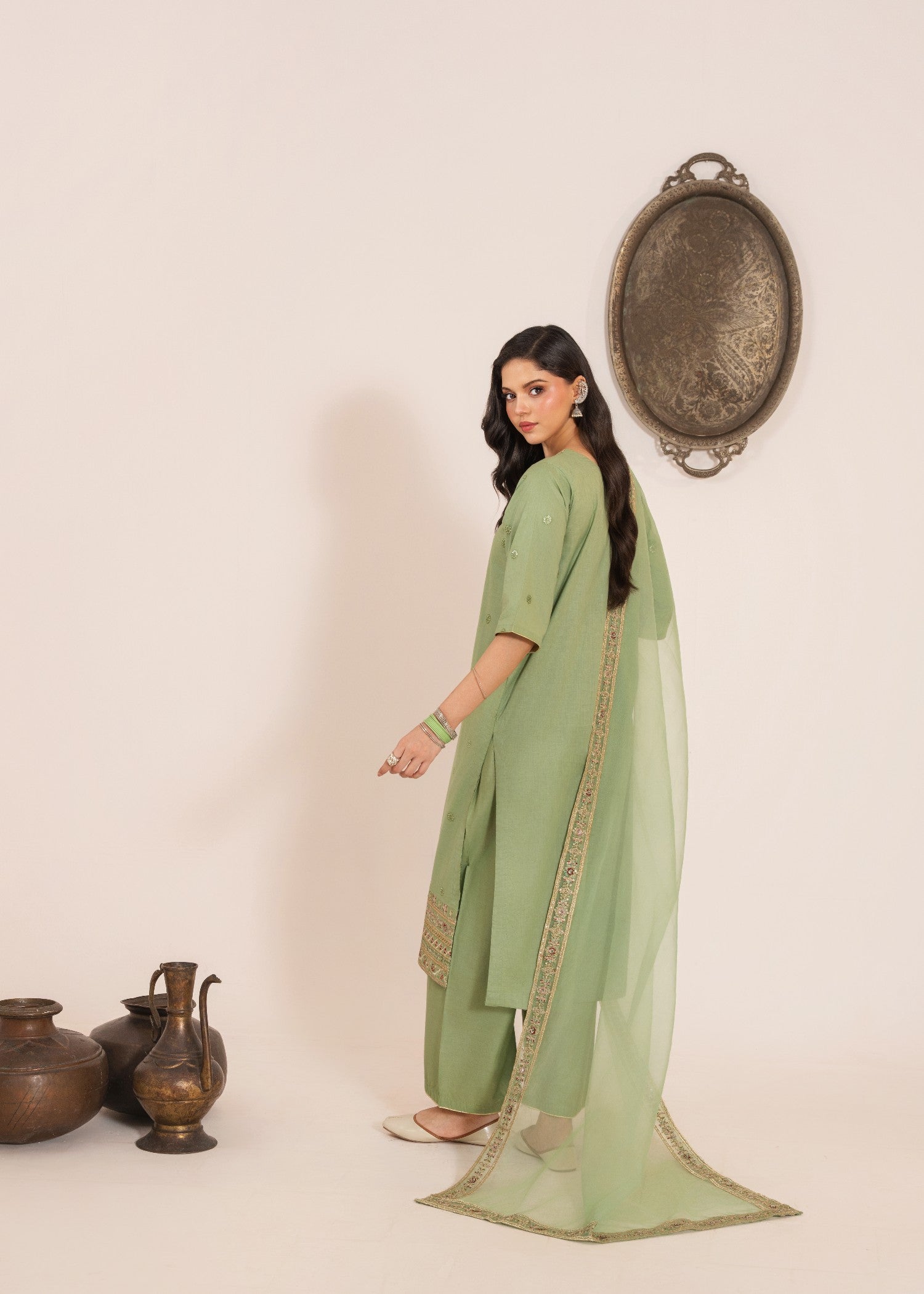 lawn Kurta Set in Pistachio green, gold