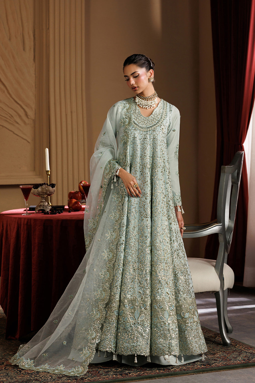 chiffon Pishwas in Sage green