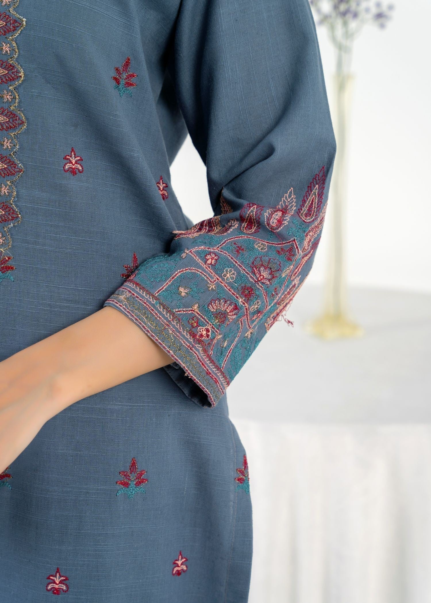 slub khaddar Kurta Set in Slate grey