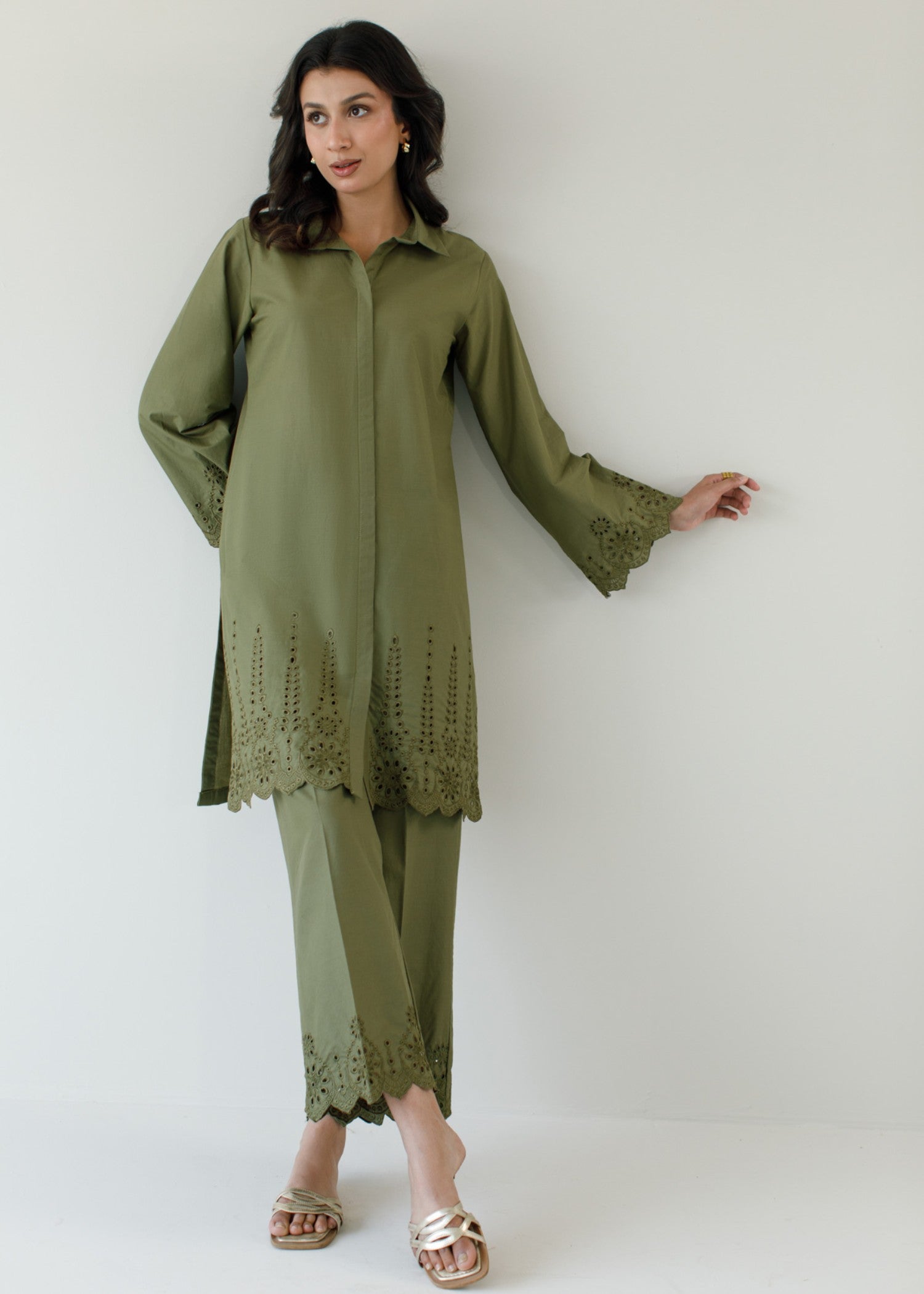 schiffli Co Ord Sets in Olive green
