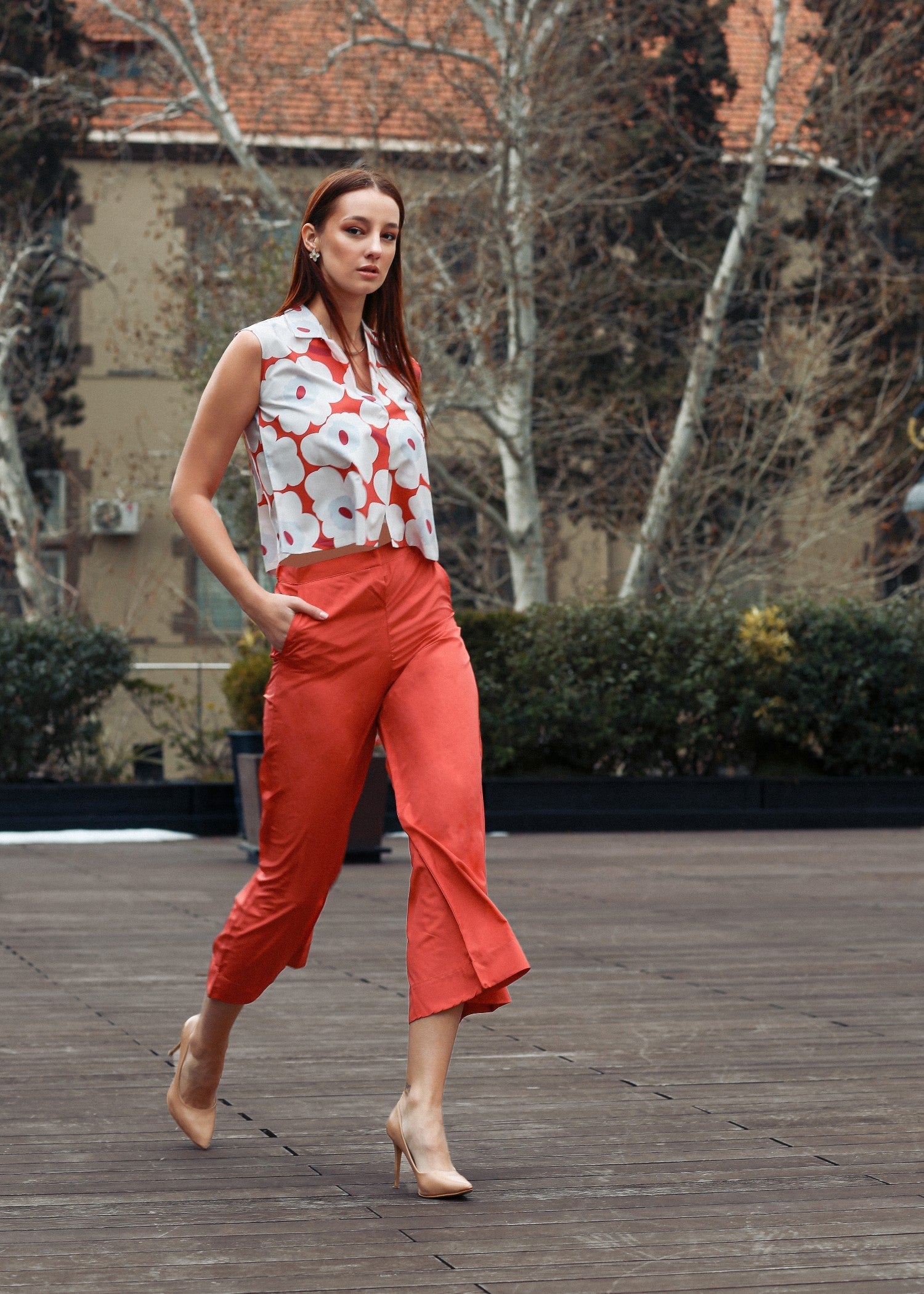 crepe Top in Coral orange