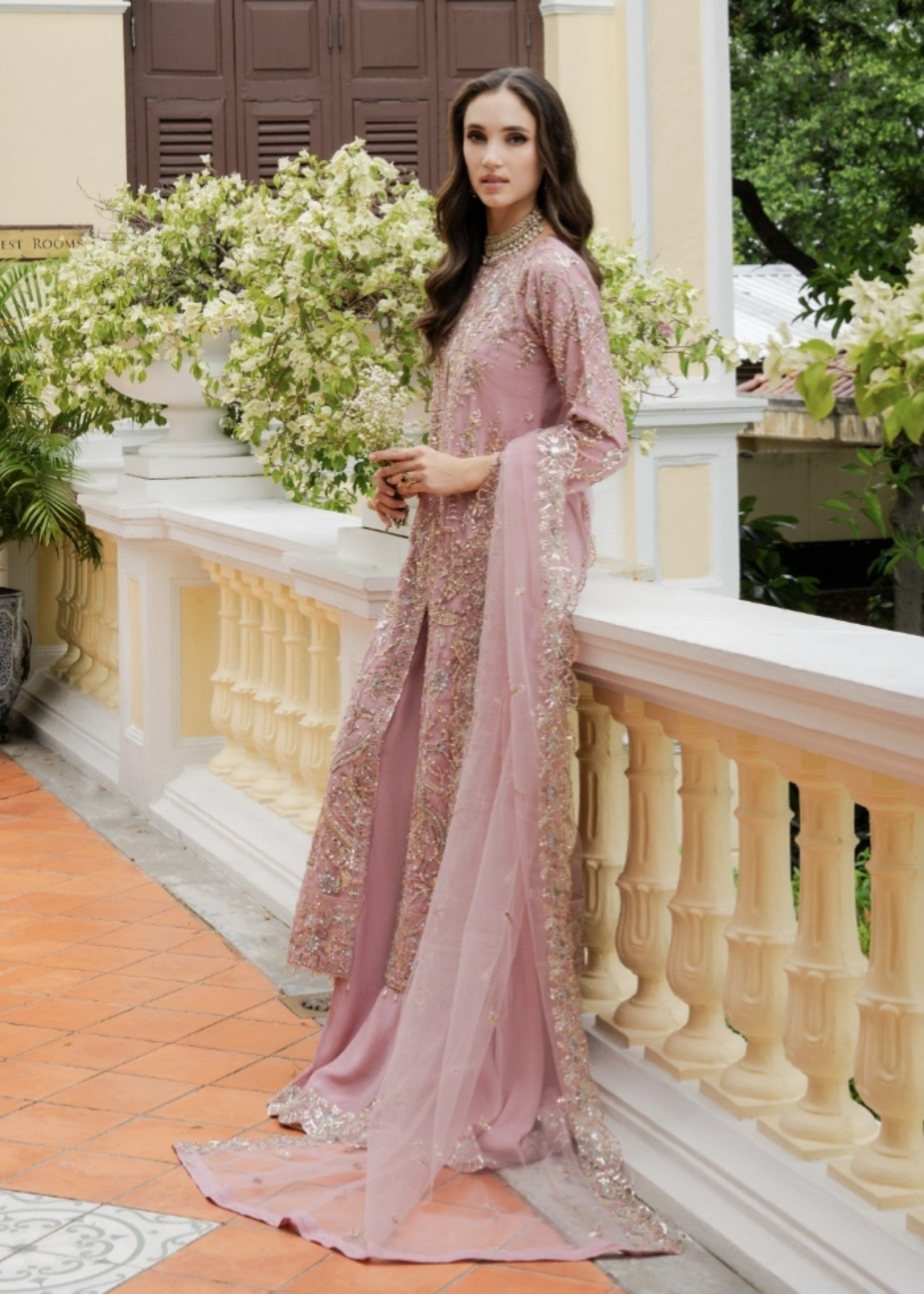 net Lehenga in Tea rose pink