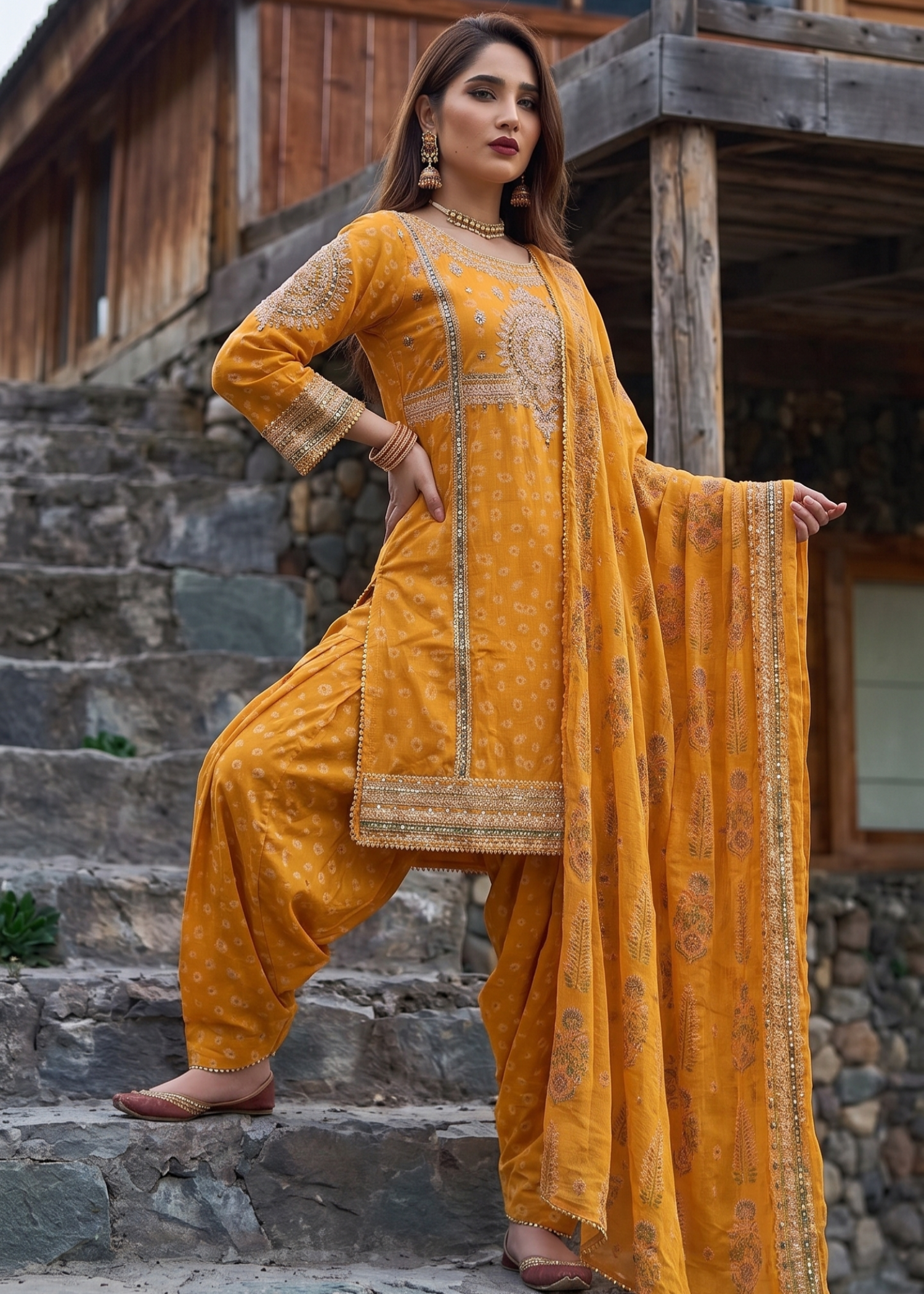 jacquard Kurta Set in Mustard