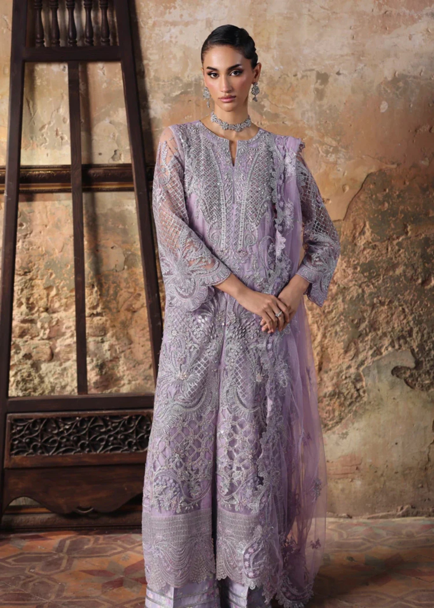 net Kurta Set in Lilac