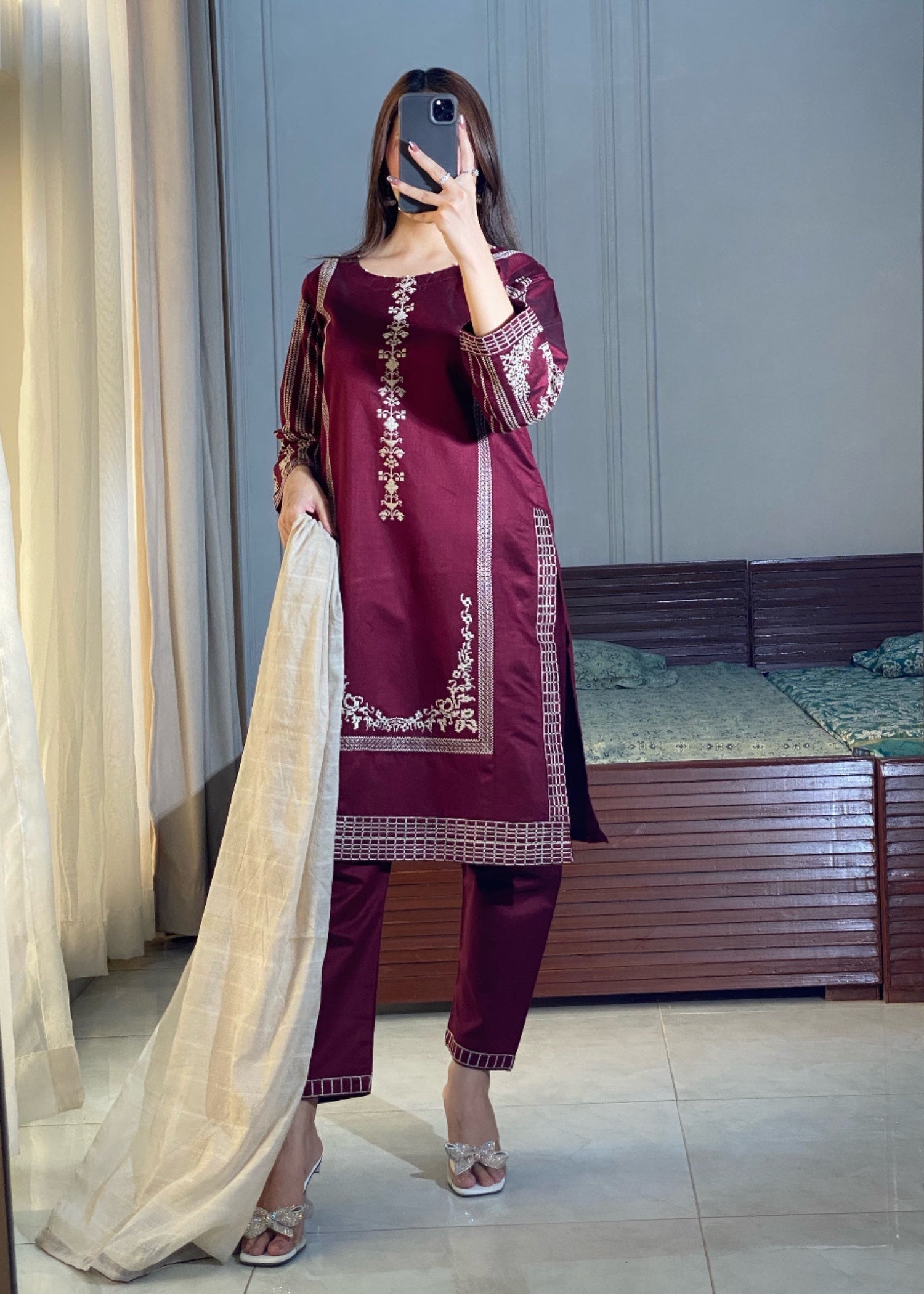 cotton karandi Kurta Set in Burgundy