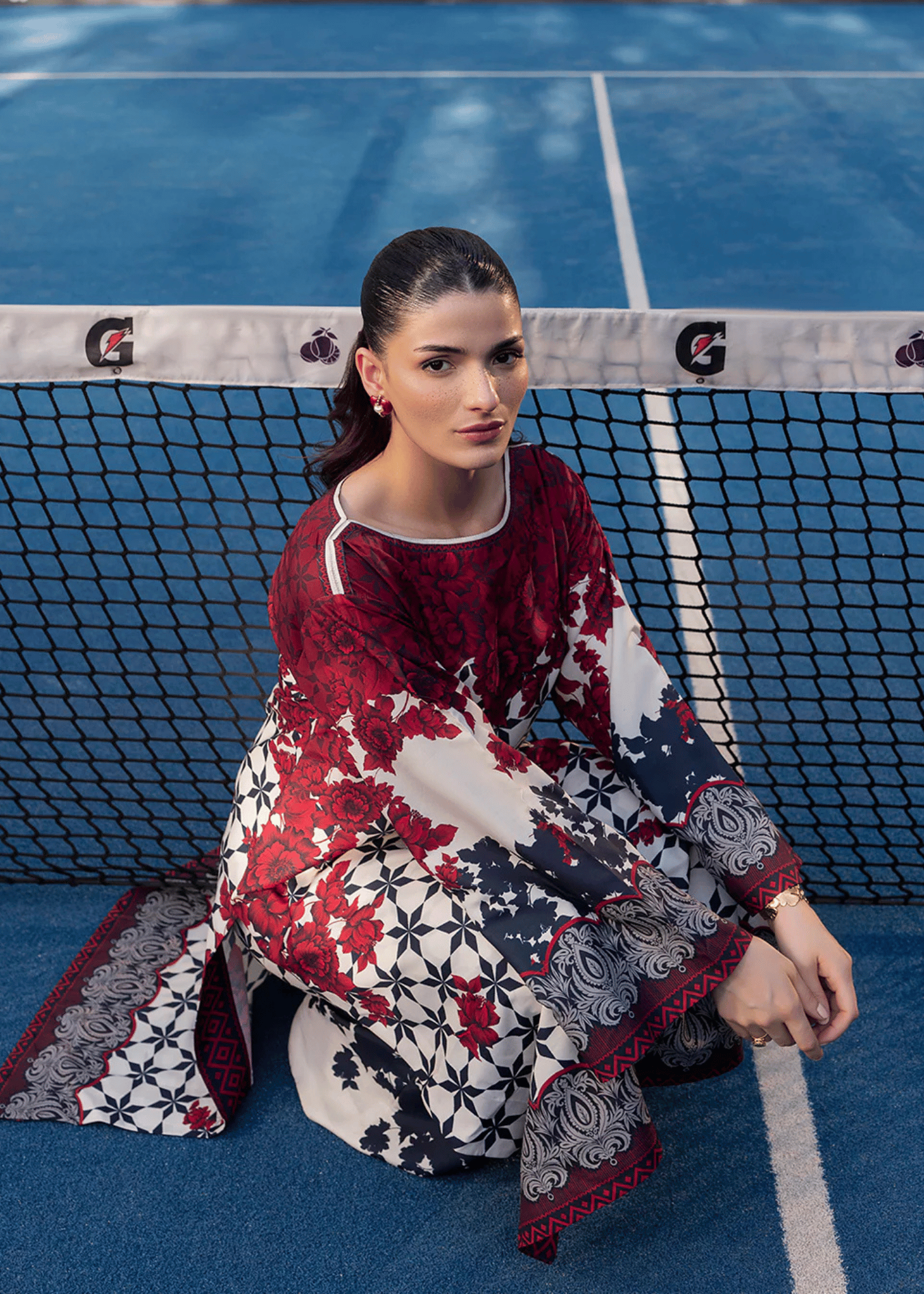 arabic lawn Co Ord Sets in Beige, deep carmine