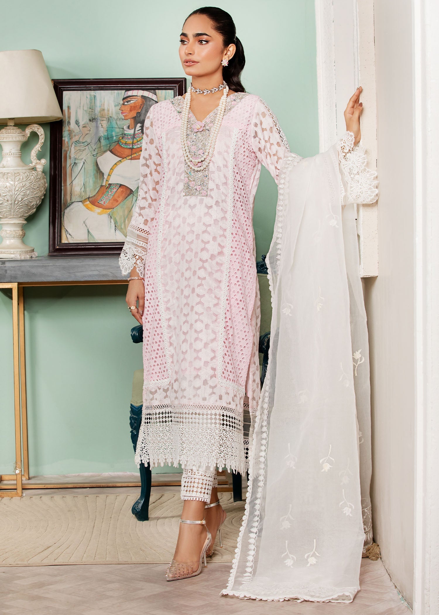 self-textured organza Kurta Set in Pastel pink