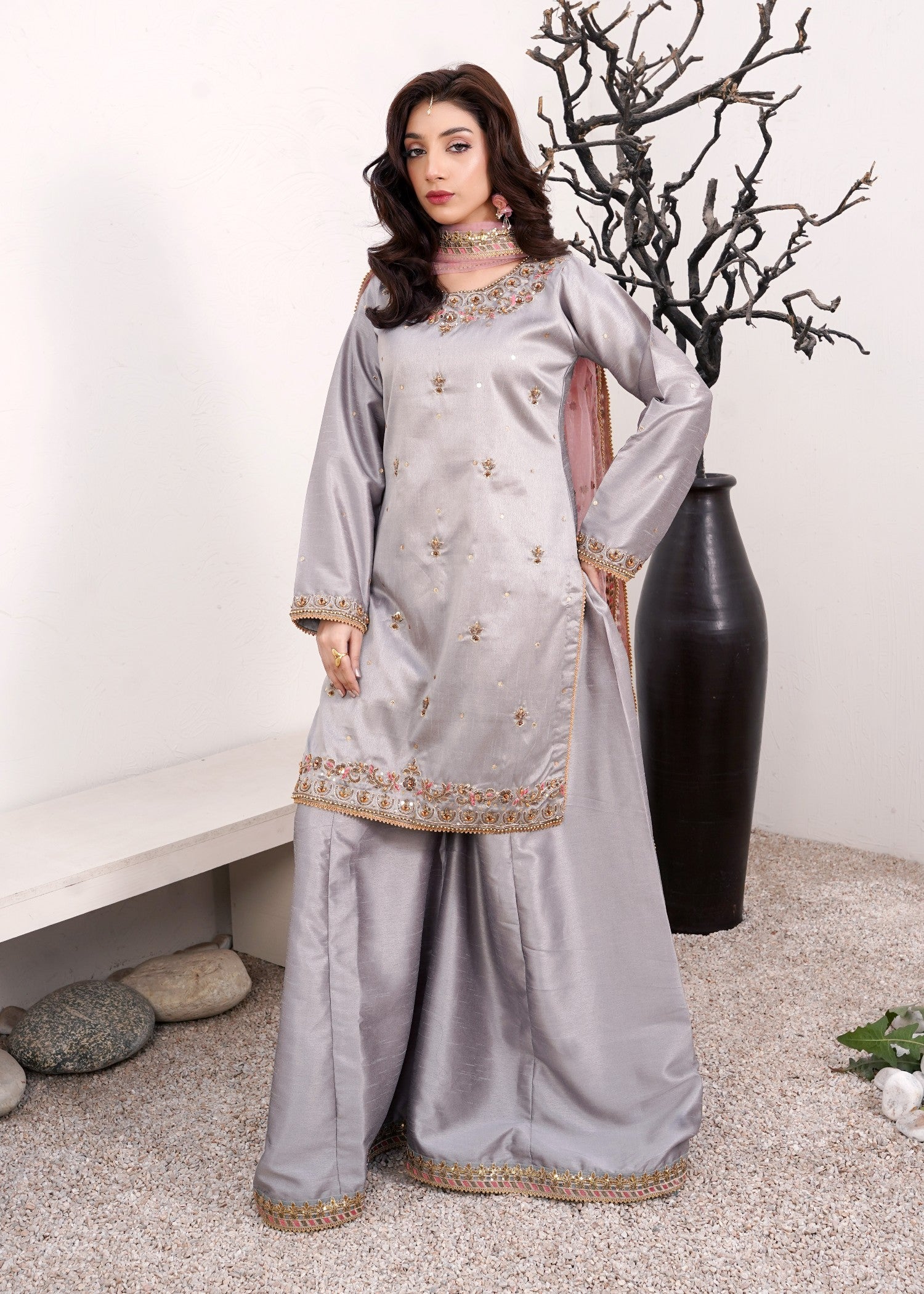 tussar silk Sharara in Pastel grey