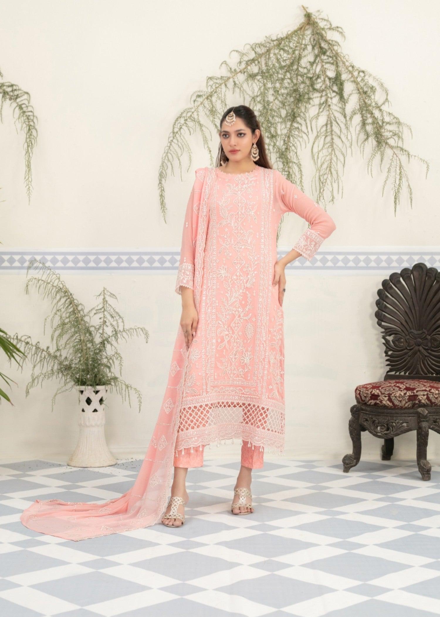 chiffon Kurta Set in Pink lace
