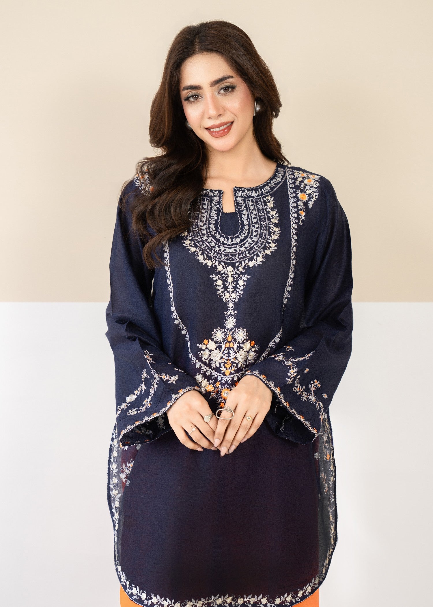 lawn Kurta Set in Orange, navy blue
