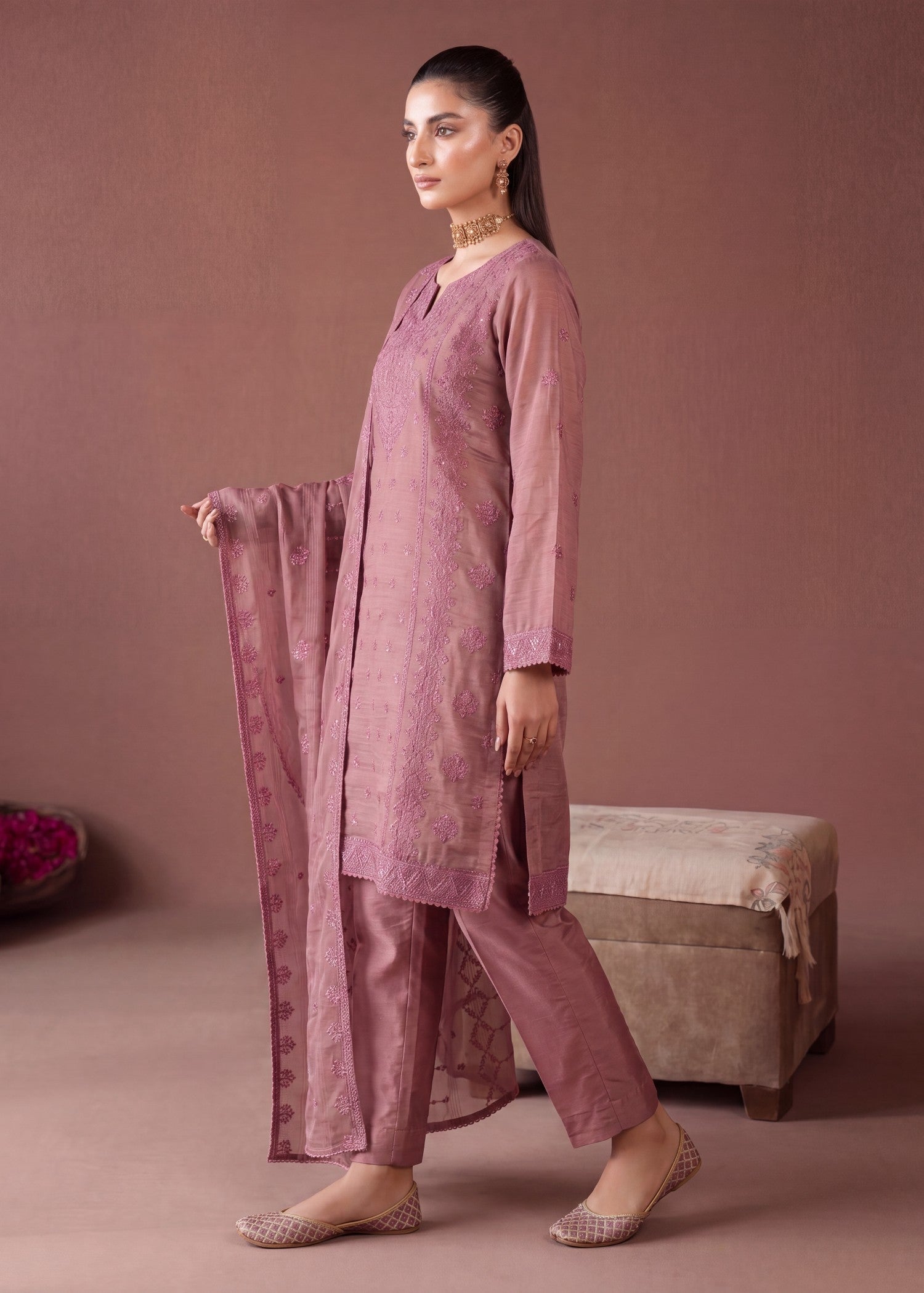 khaddi net Kurta Set in Petal pink