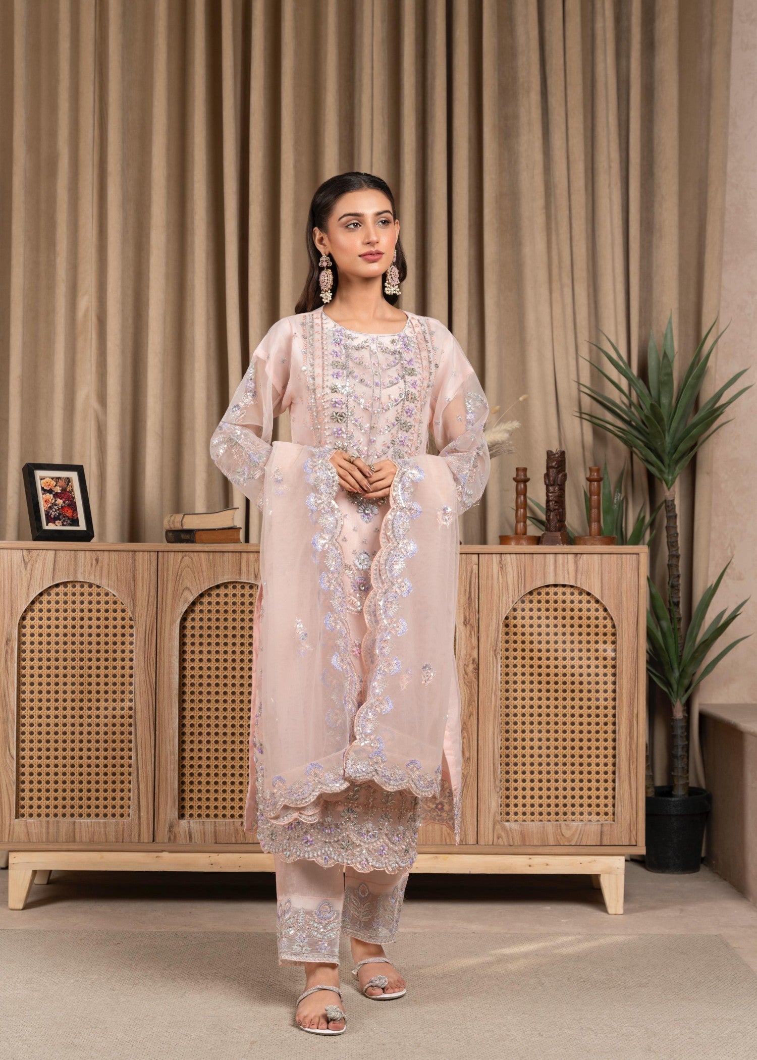 organza Kurta Set in Peach pink
