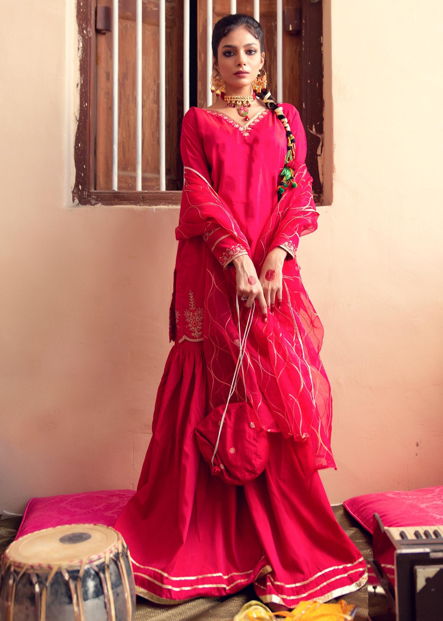 cotton silk Gharara in Hot pink