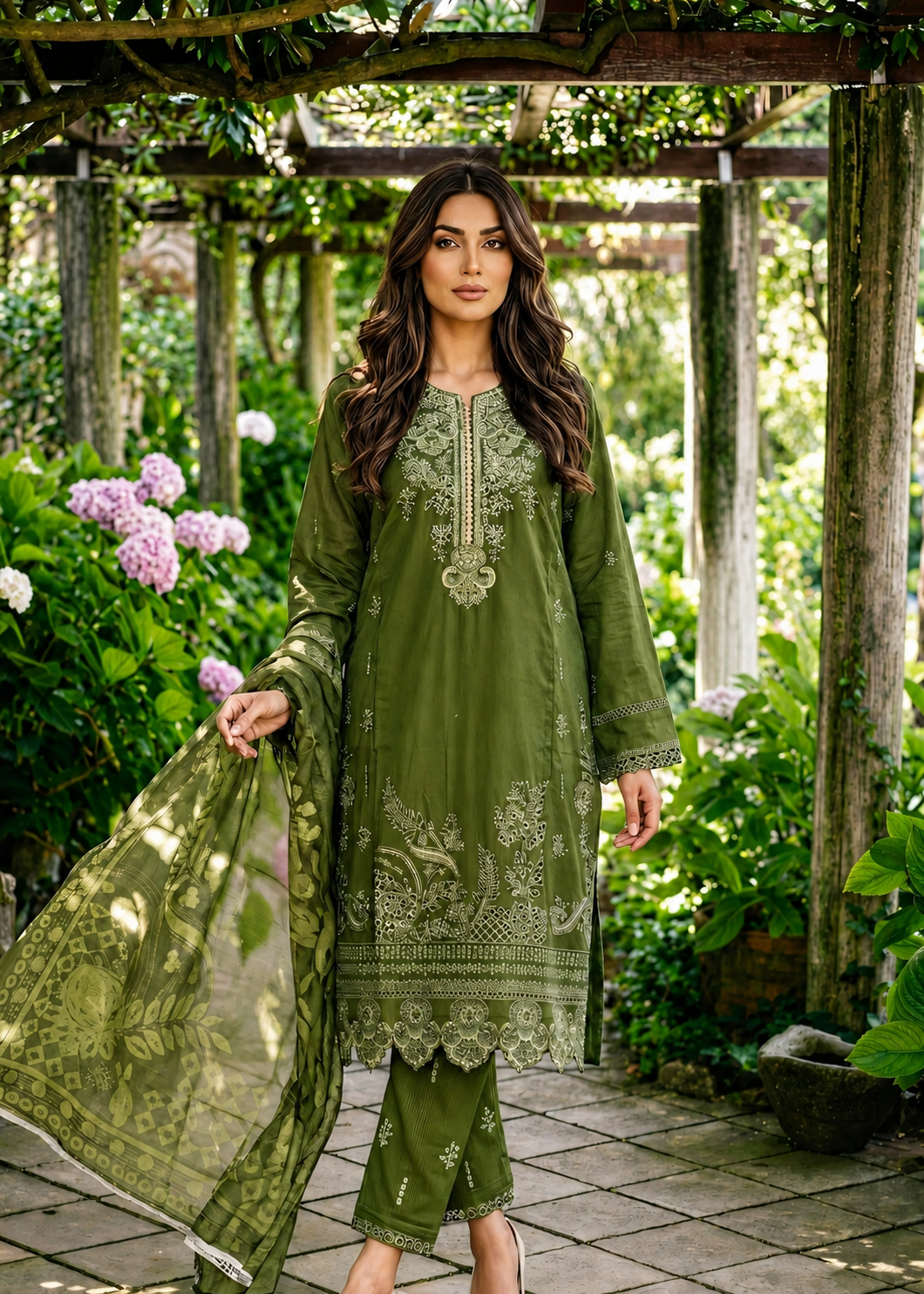 chikankari cotton Kurta Set in Olive green