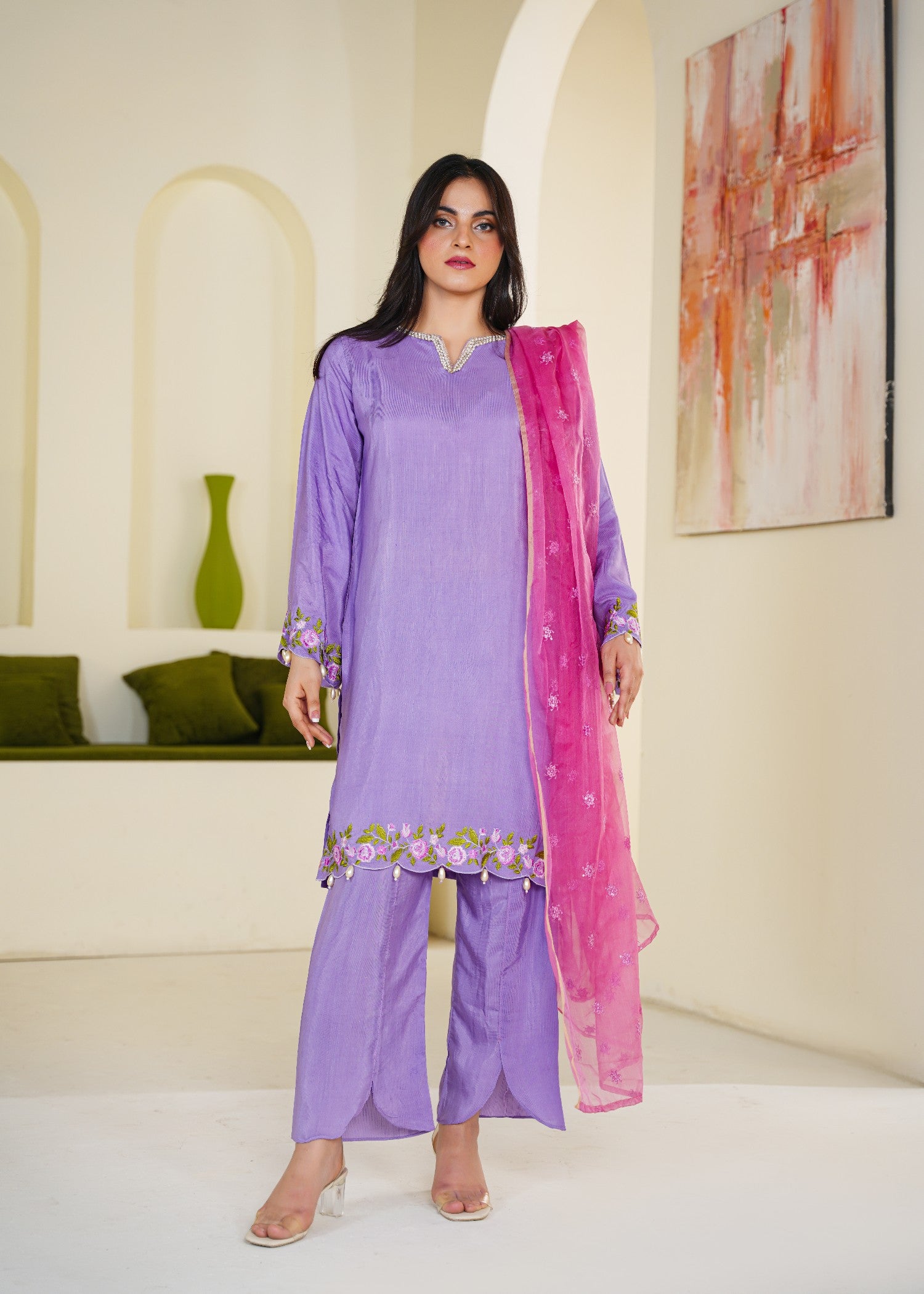 silk Kurta Set in Purple mountain majesty, purple pizzazz
