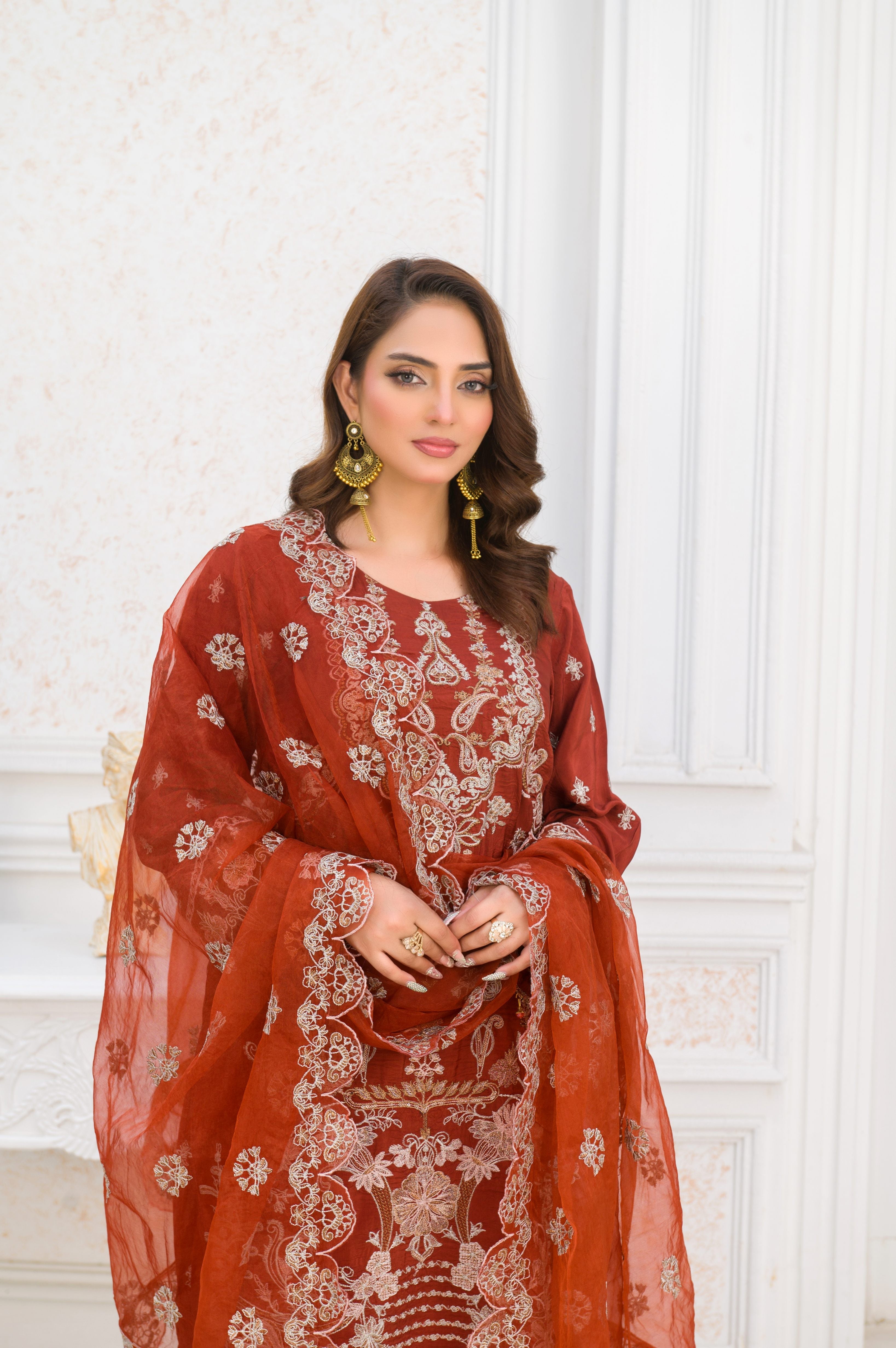 tussar silk Kurta Set in Rust orange