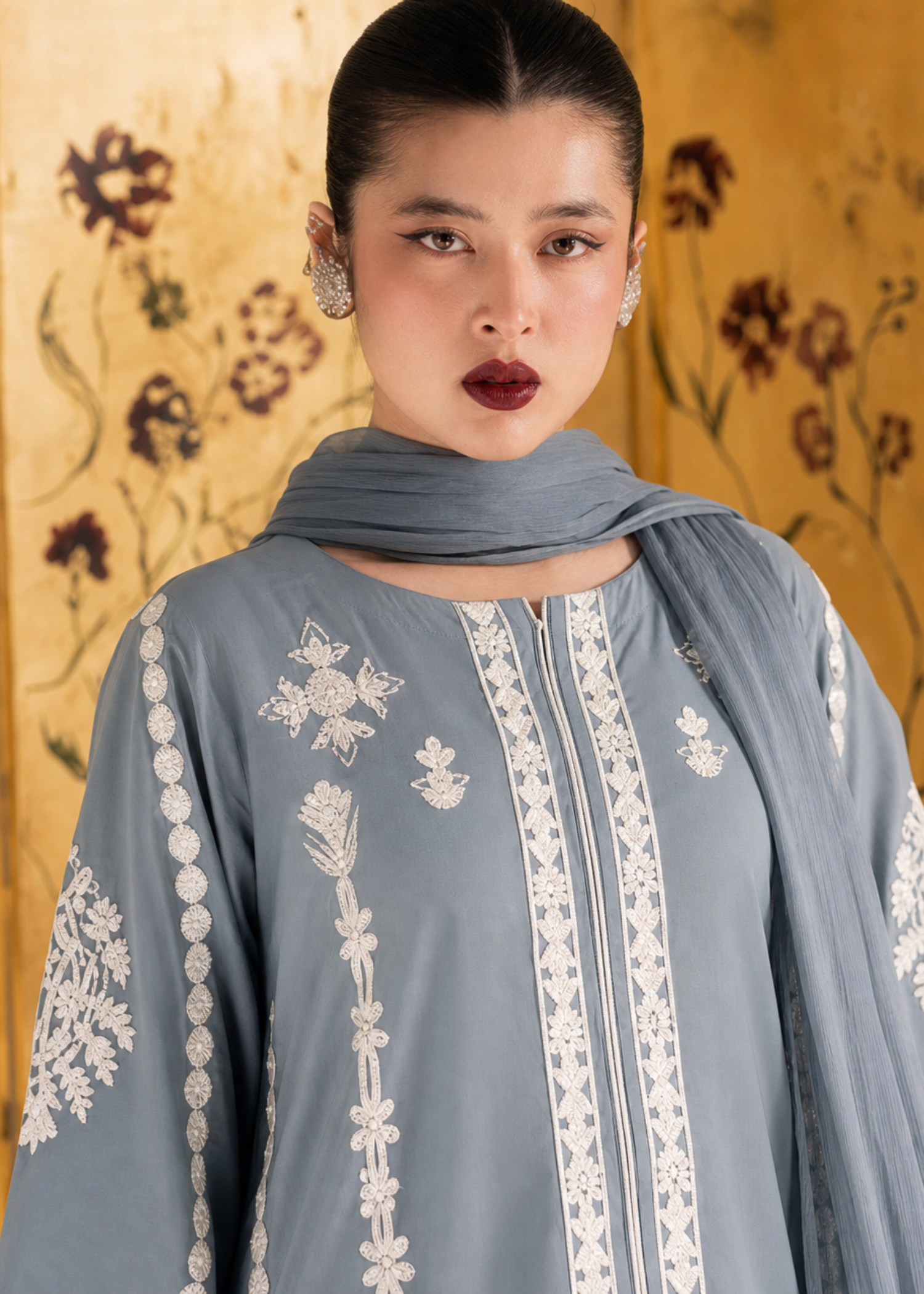 lawn Kurta Set in Slate blue