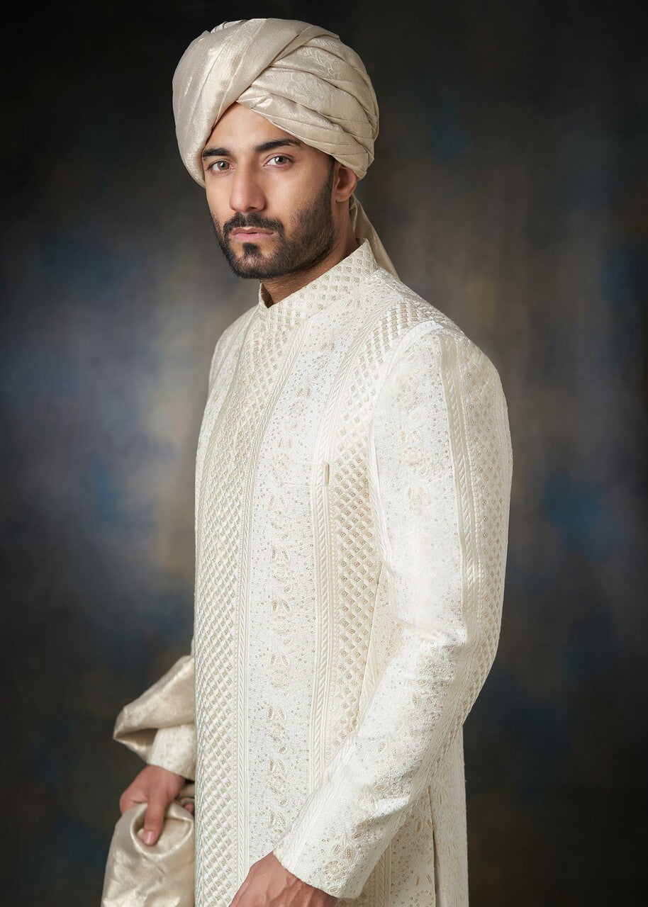 viscose raw silk Sherwani in Ivory