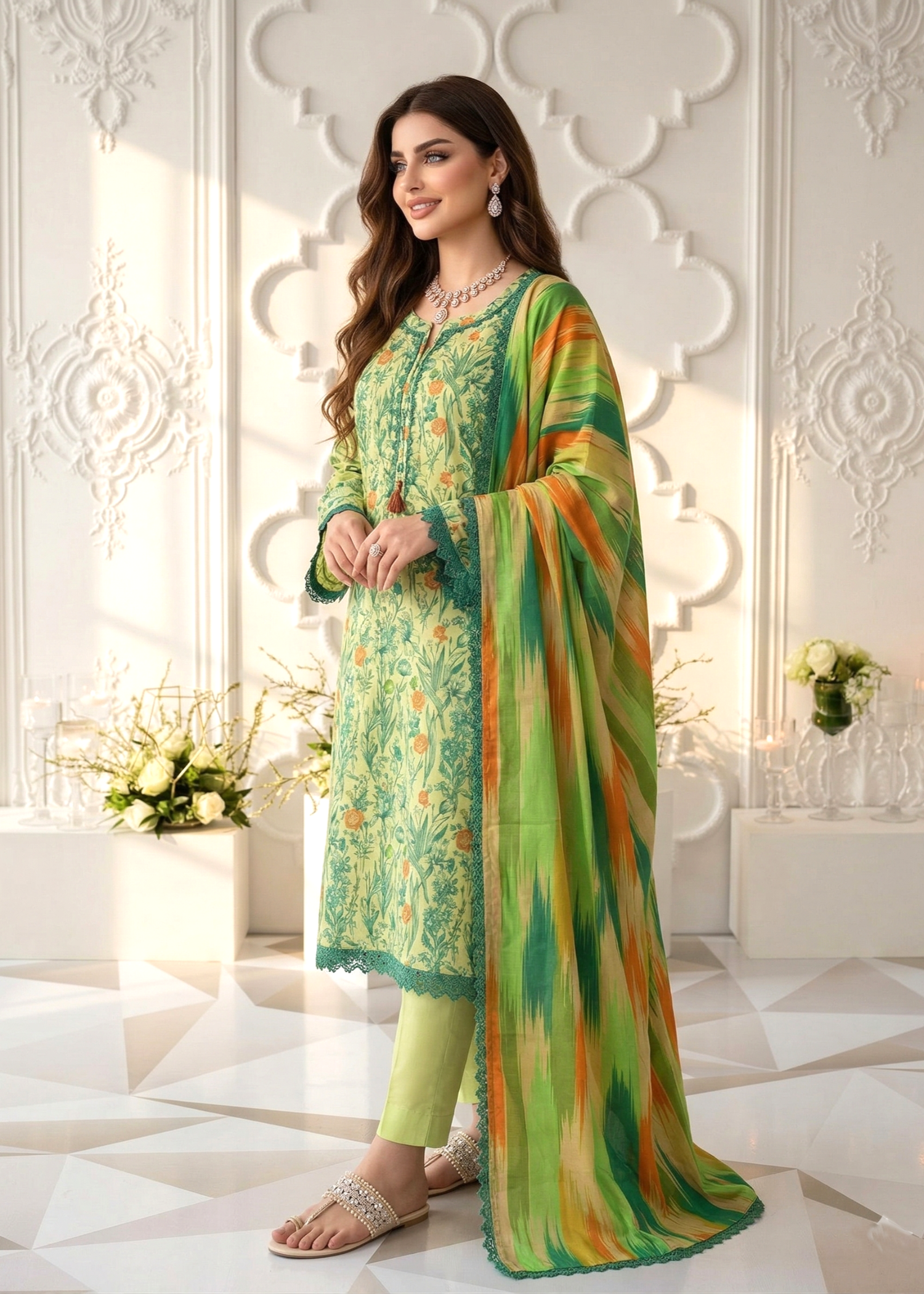 lawn Kurta Set in Yellow green