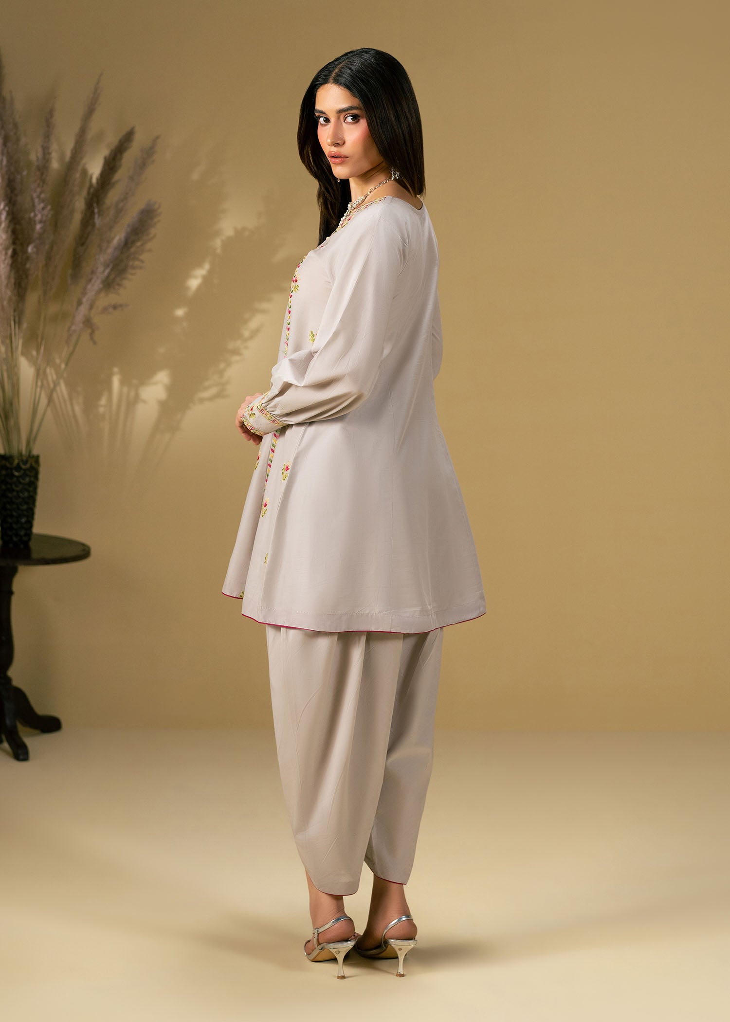 lawn Short Frock in Light grey