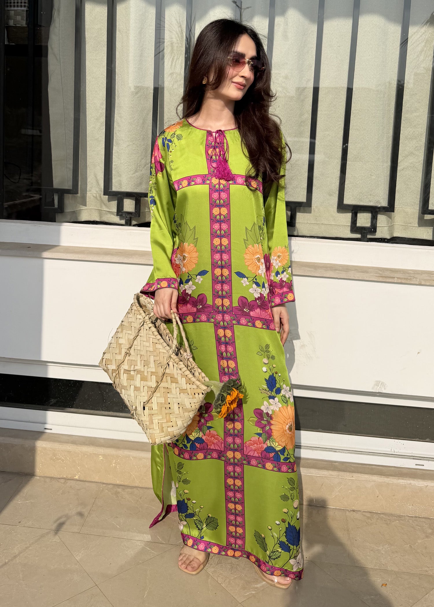 satin silk Kaftan in Apple green